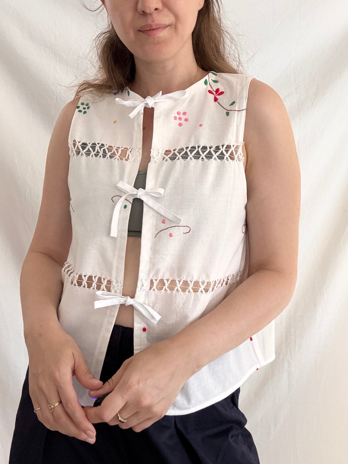 One of a Kind Embroidered Top; Reworked Tie Vest