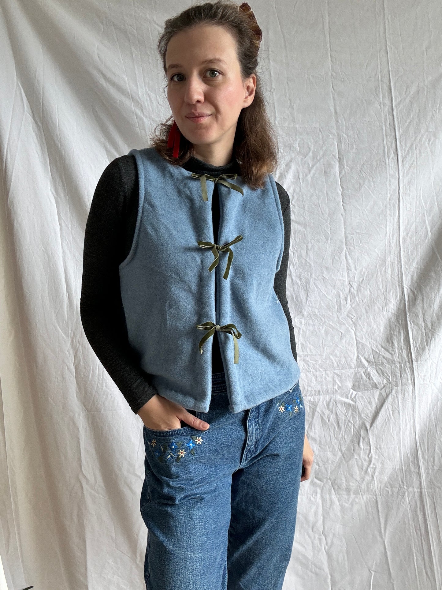 Blue Wool Vest with Velvet Ribbons