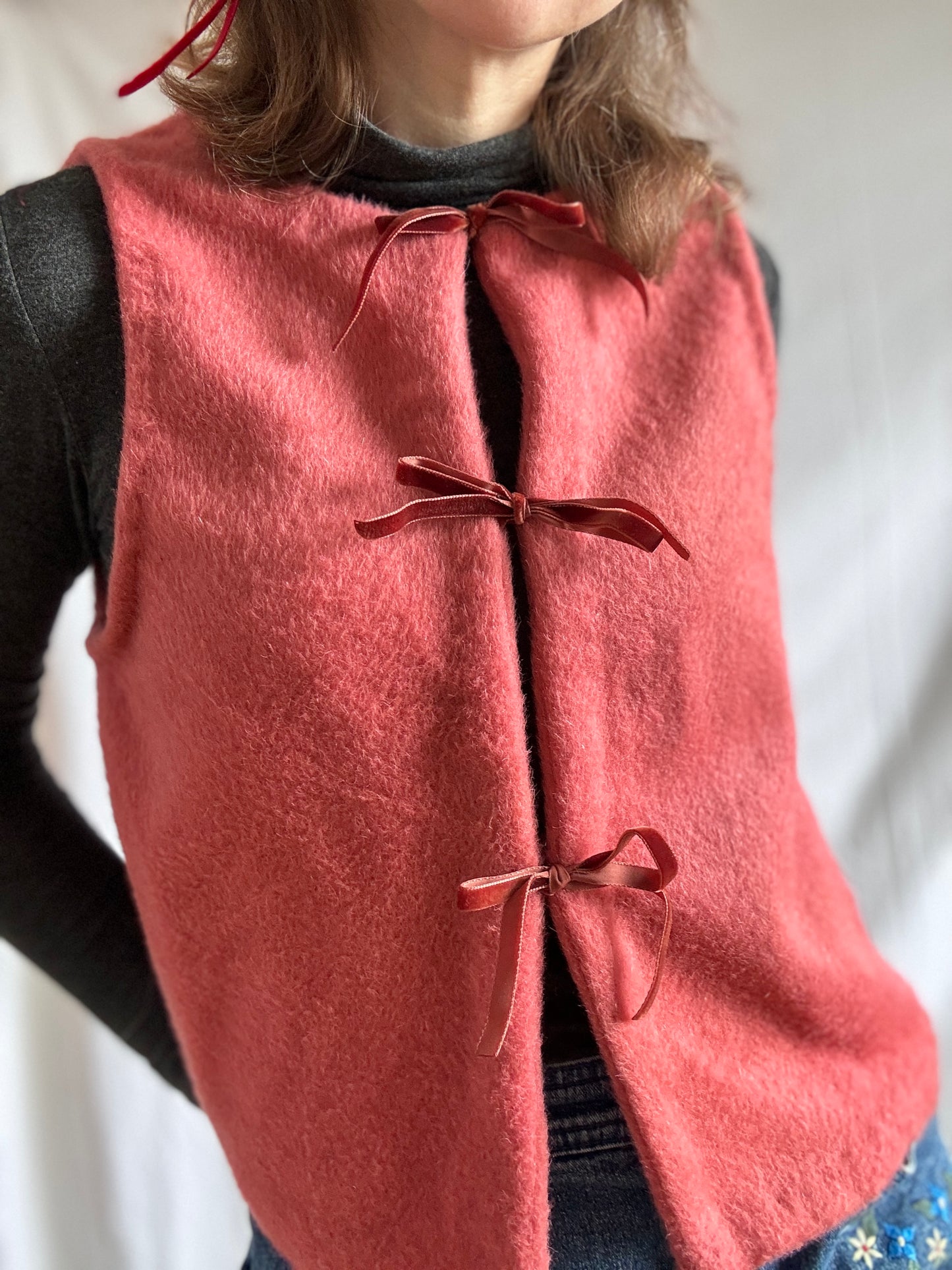 Candy Pink Mohair Vest with Velvet Ribbons