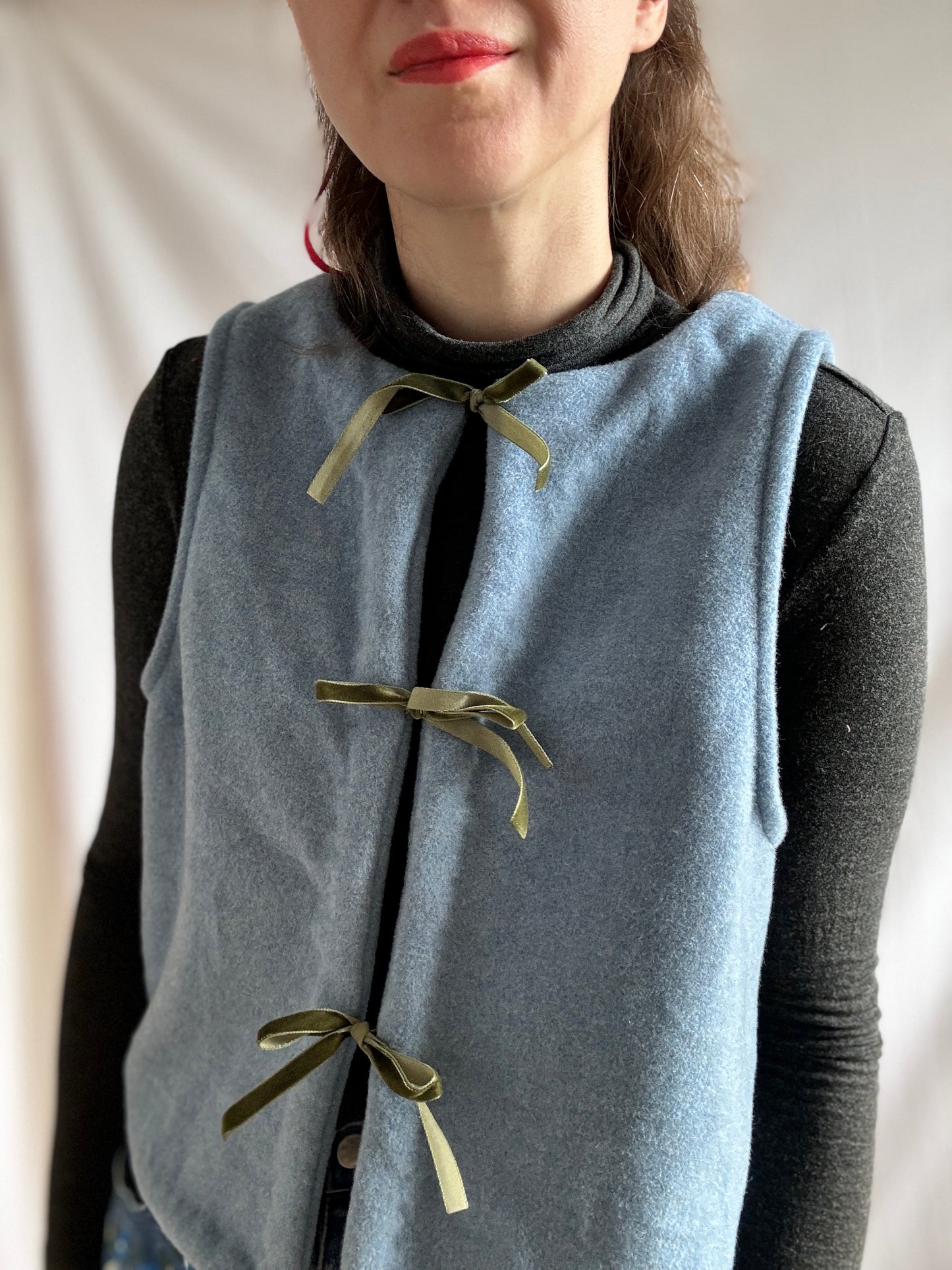 Blue Wool Vest with Velvet Ribbons