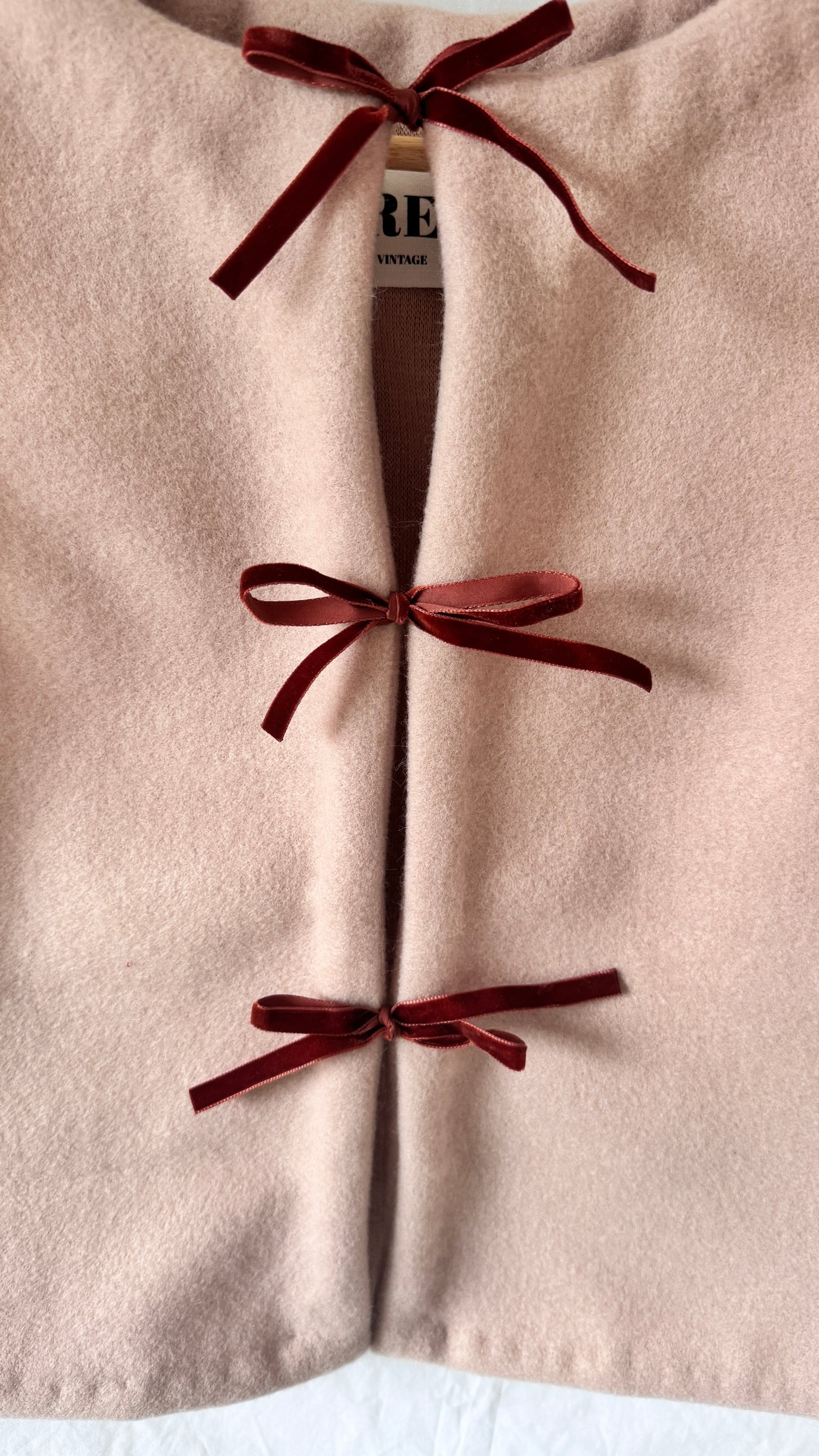 Soft Pink Wool Vest with Velvet Ribbons