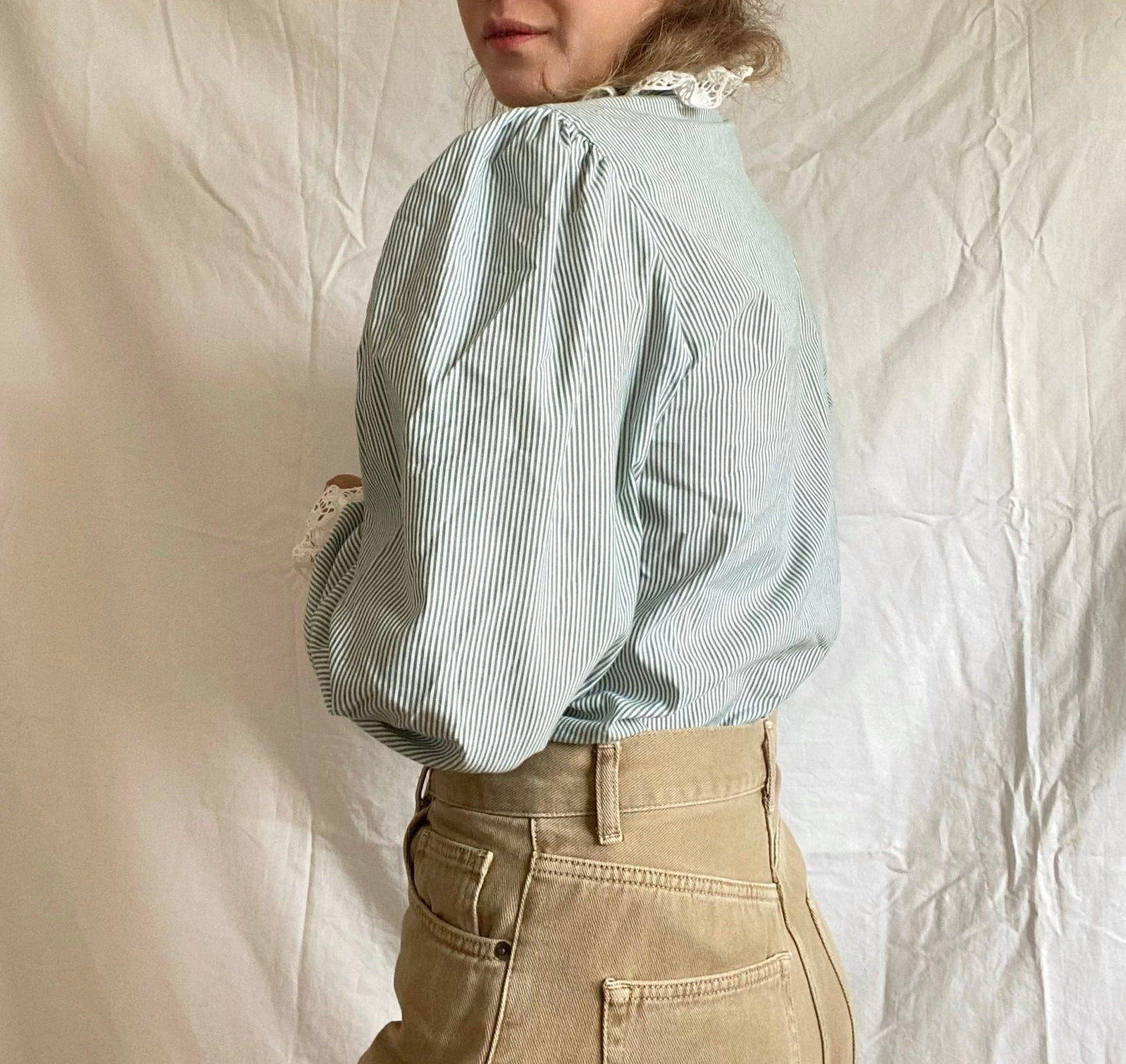Vintage Hungarian Blouse; Embroidered Romantic Blue Blouse; Striped Green Blouse