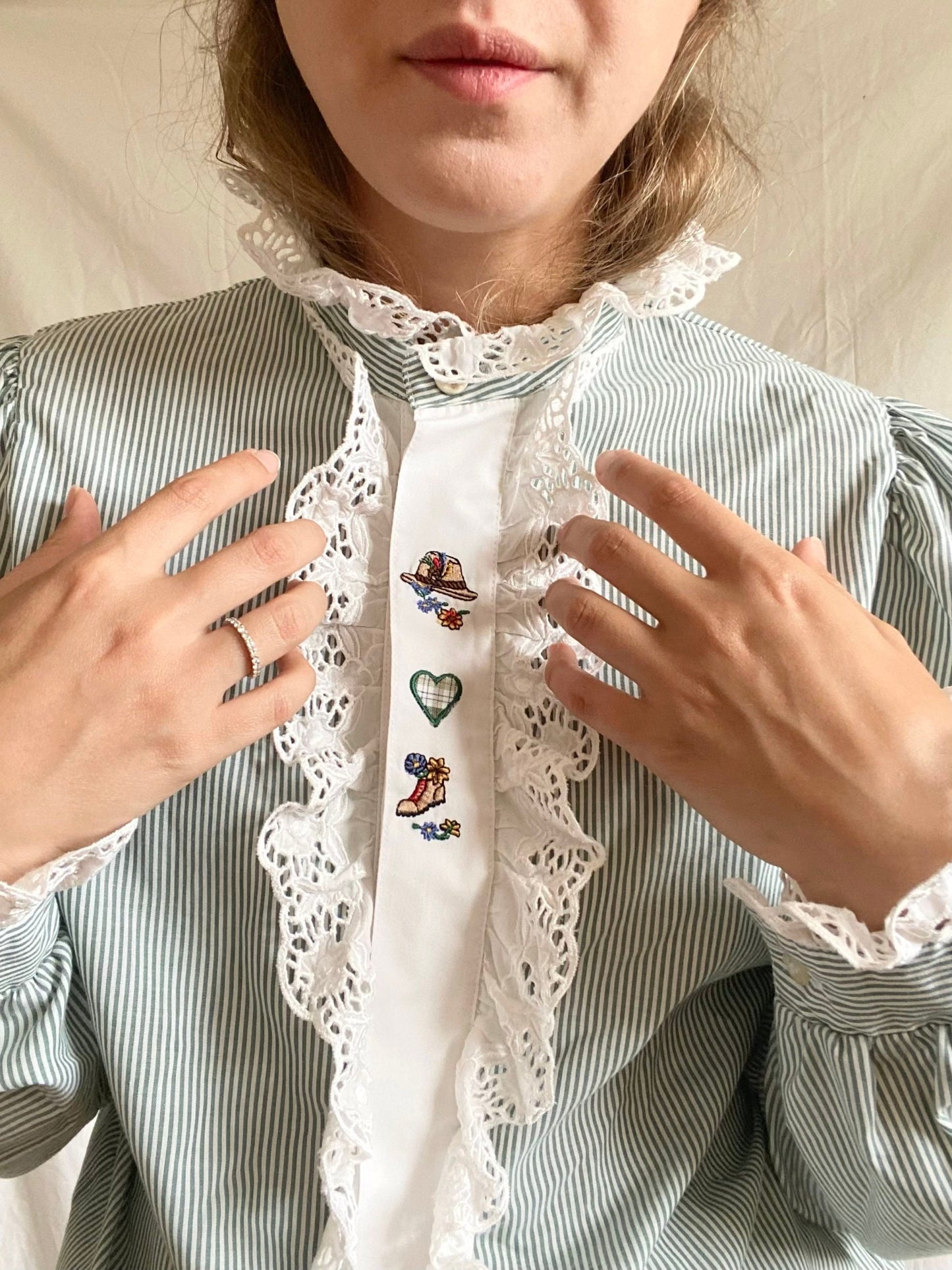 Vintage Hungarian Blouse; Embroidered Romantic Blue Blouse; Striped Green Blouse