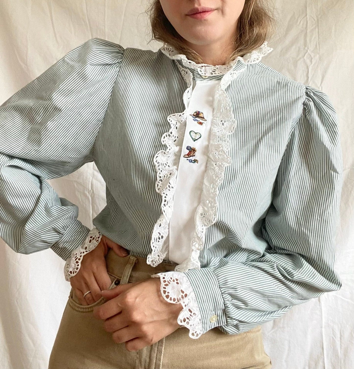 Vintage Hungarian Blouse; Embroidered Romantic Blue Blouse; Striped Green Blouse