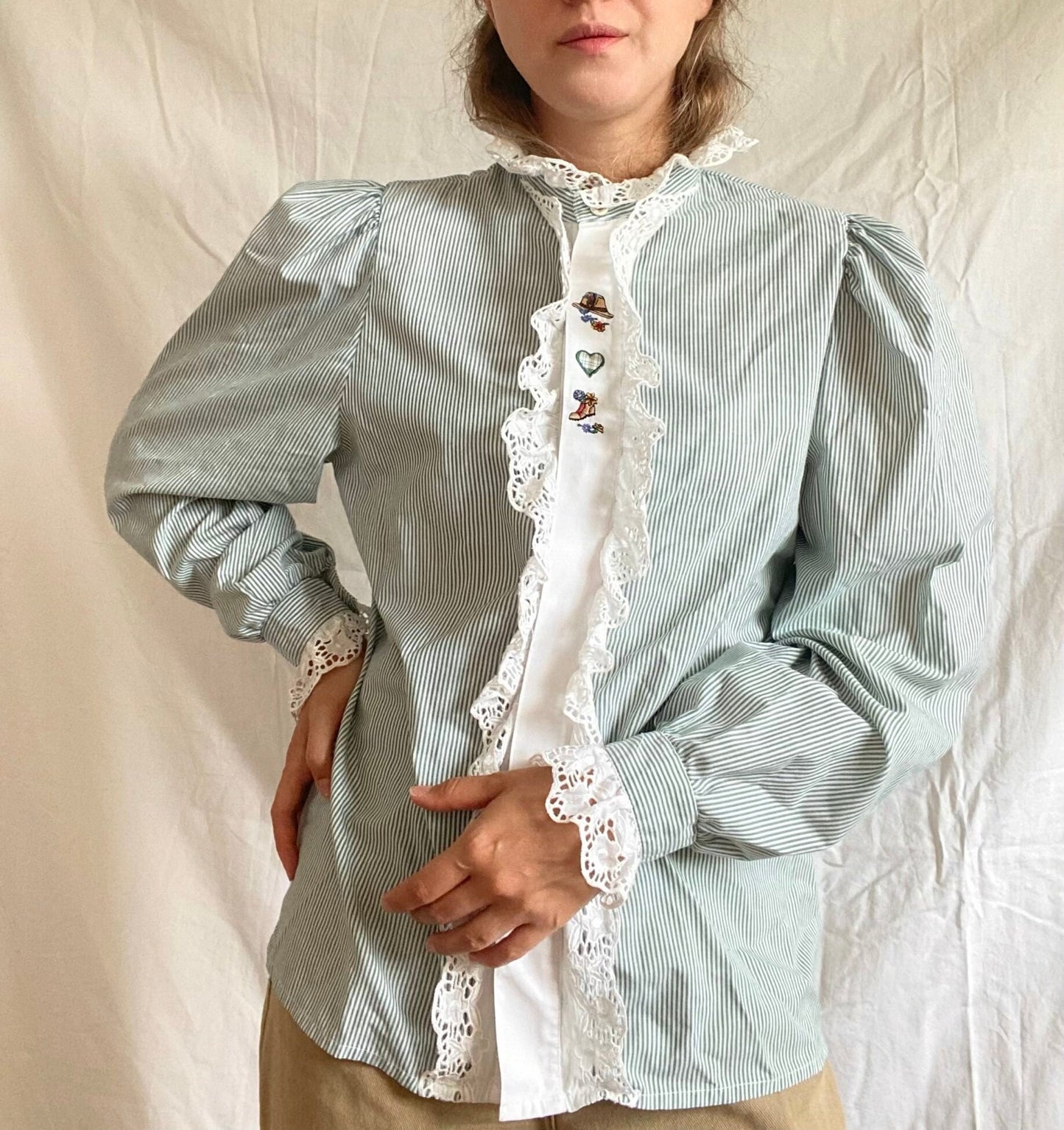 Vintage Hungarian Blouse; Embroidered Romantic Blue Blouse; Striped Green Blouse