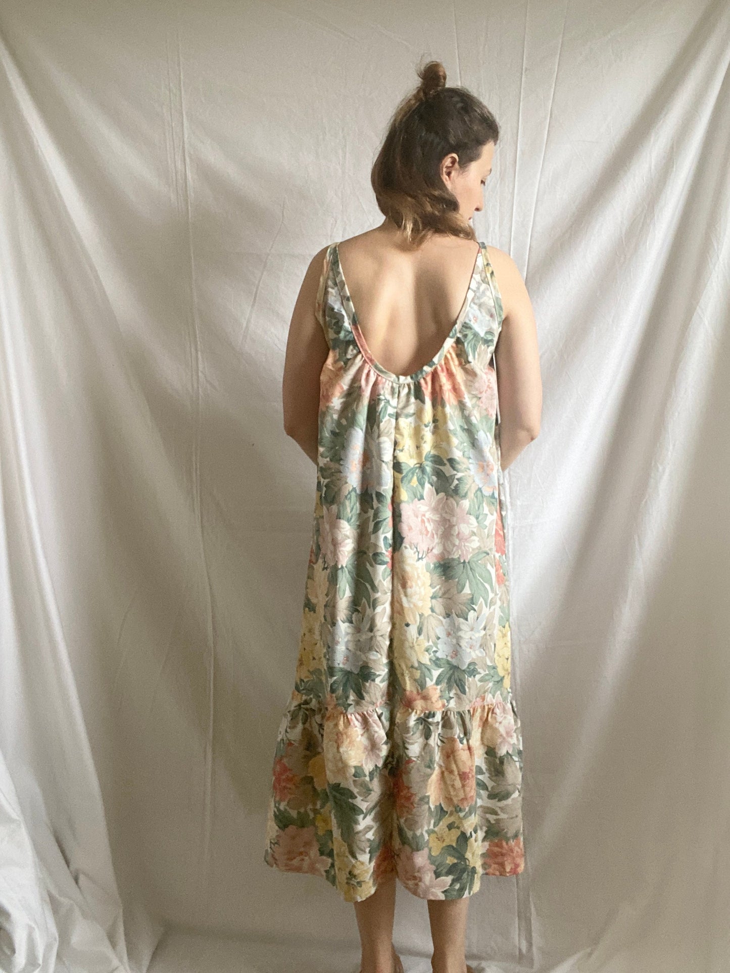 Reworked Floral Ruffle Dress; Upcyled Embroidered Summer Dress