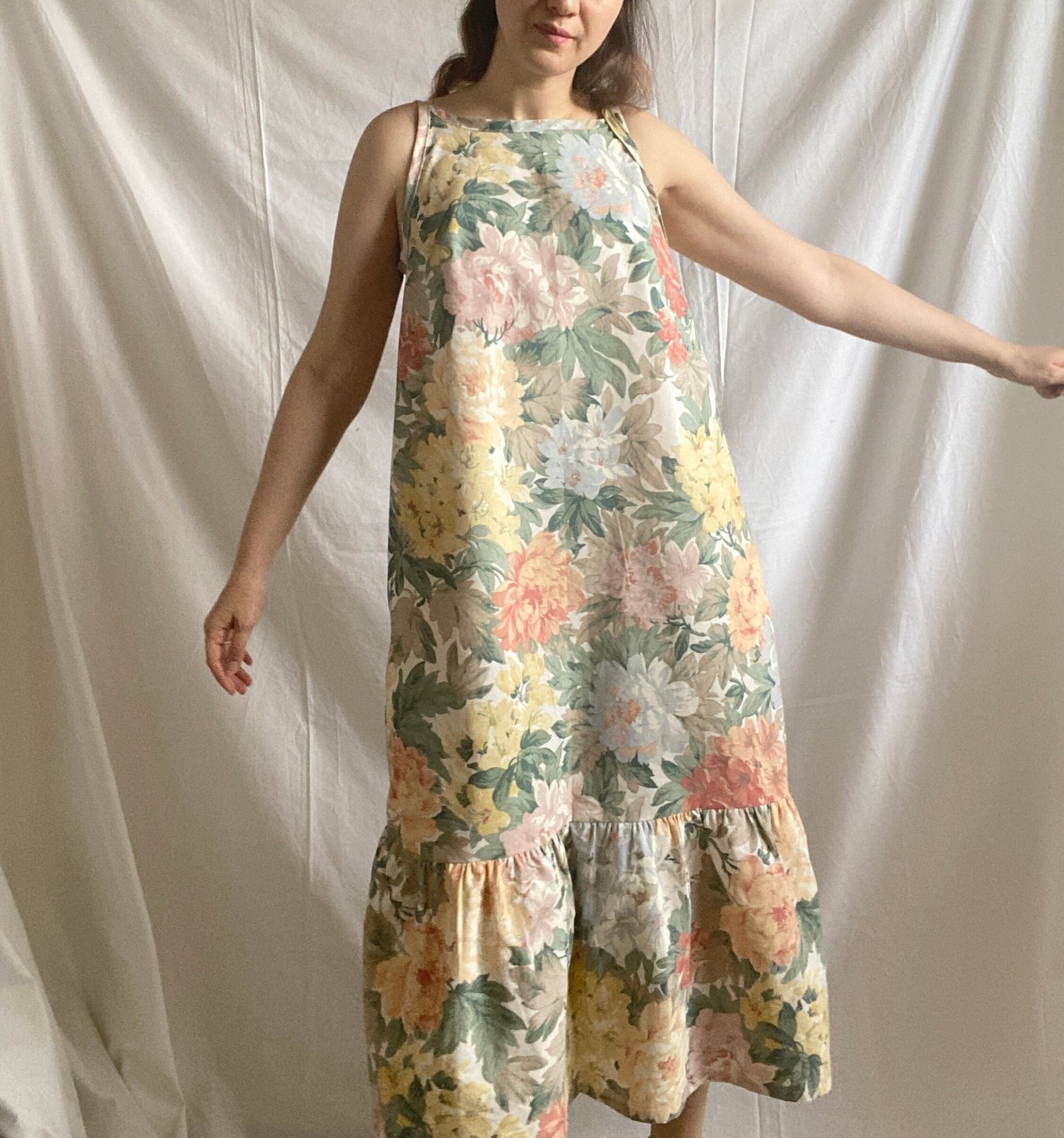 Reworked Floral Ruffle Dress; Upcyled Embroidered Summer Dress