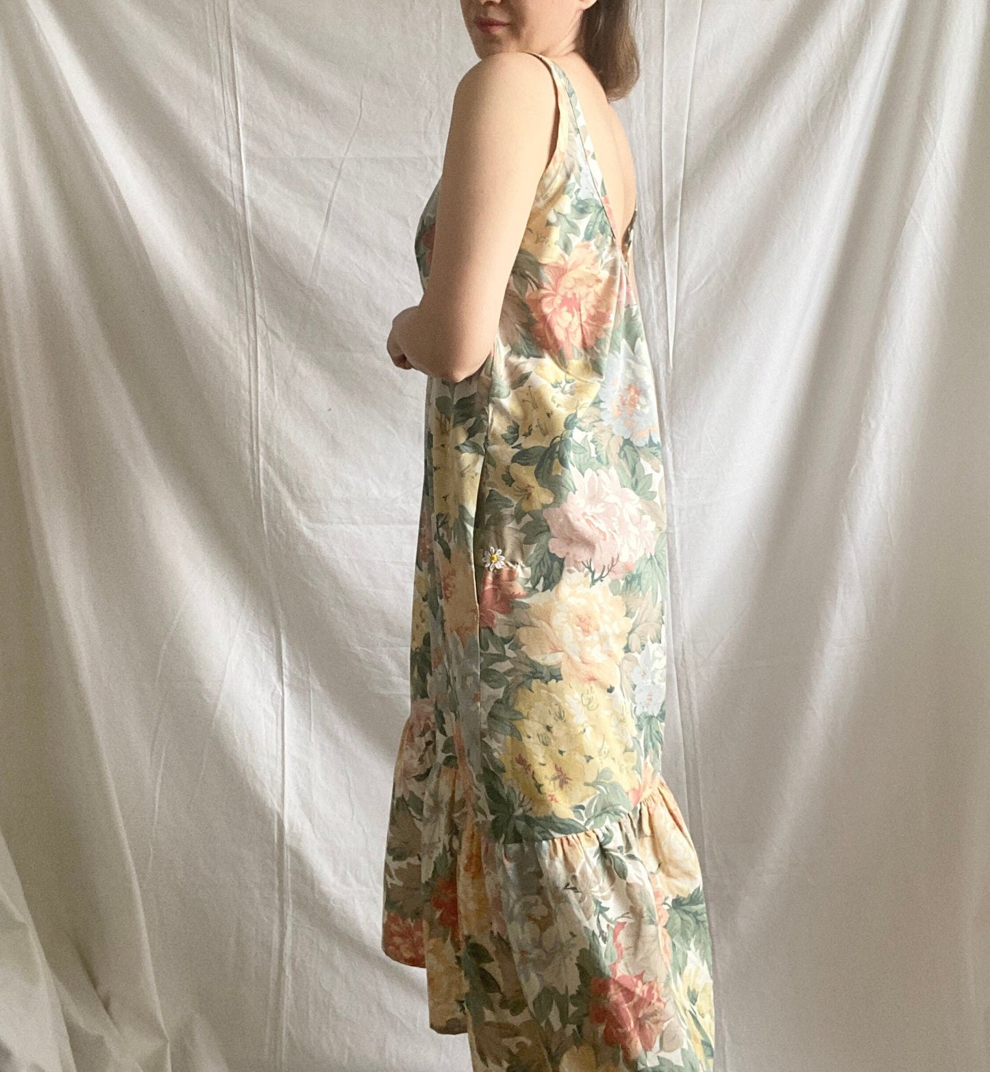 Reworked Floral Ruffle Dress; Upcyled Embroidered Summer Dress