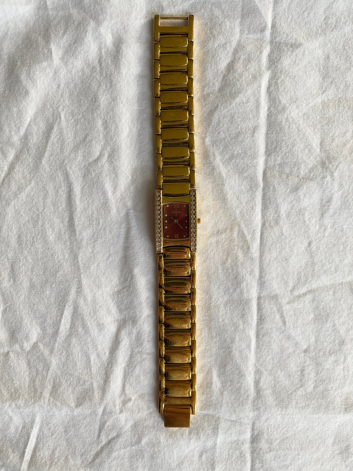 Vintage Rectangular Roman Numeral Watch; Red Chunky Stone Watch