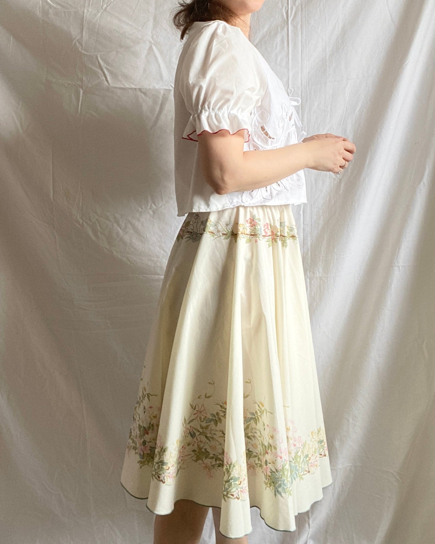 Reworked Midi Skirt; Upcycled Tablecloth Skirt