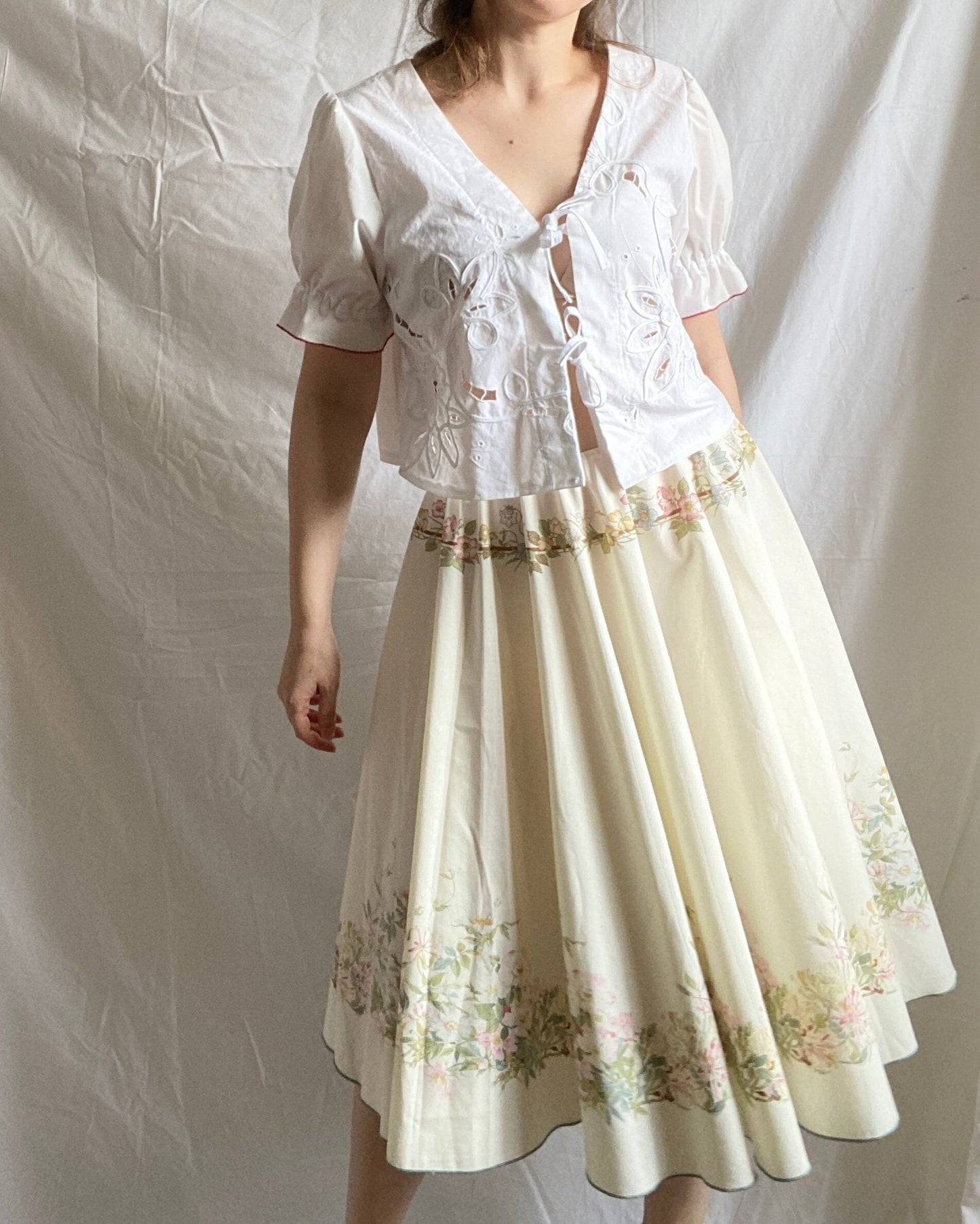 Reworked Midi Skirt; Upcycled Tablecloth Skirt