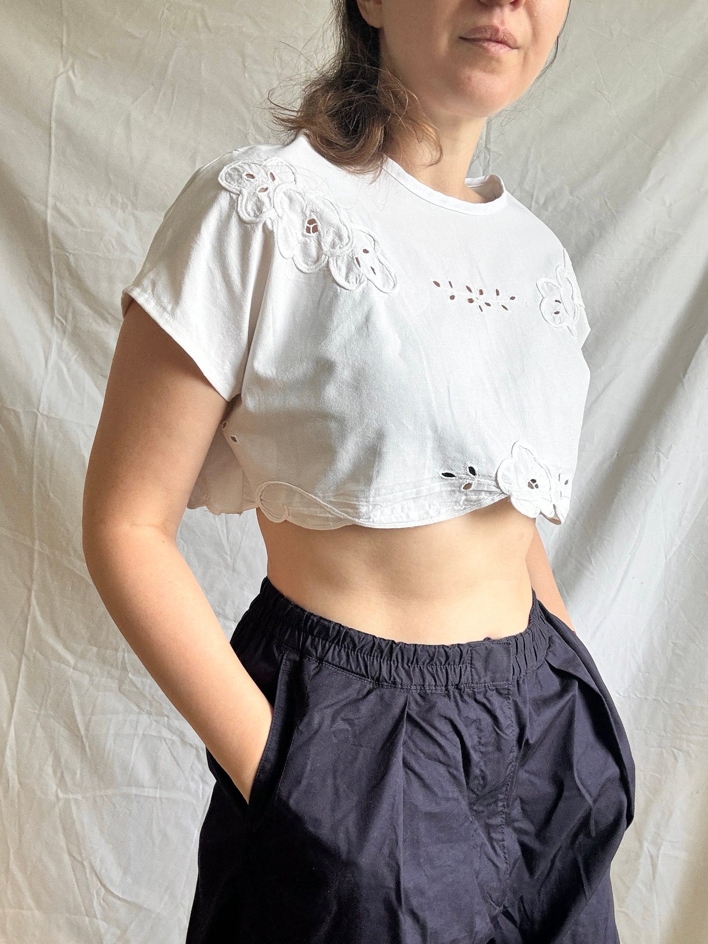 Reworked White Crop Top; Upcyled Embroidered Blouse