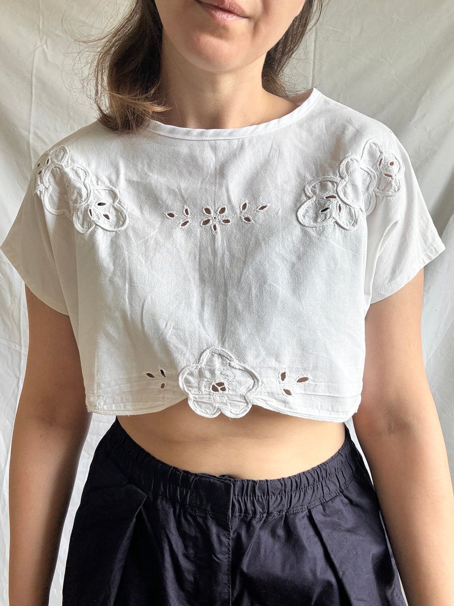 Reworked White Crop Top; Upcyled Embroidered Blouse