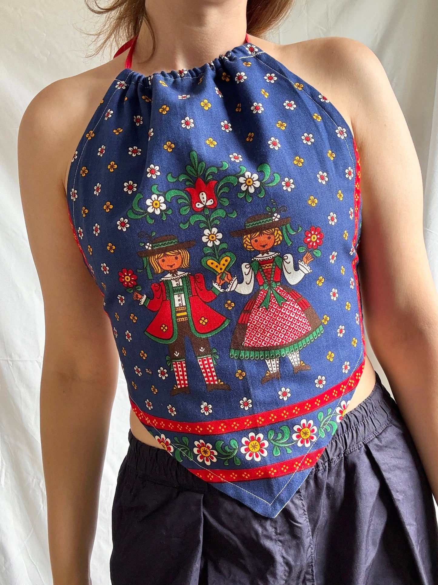 Reworked Medium Tea Towel Top; Trachten Halter Neck Top