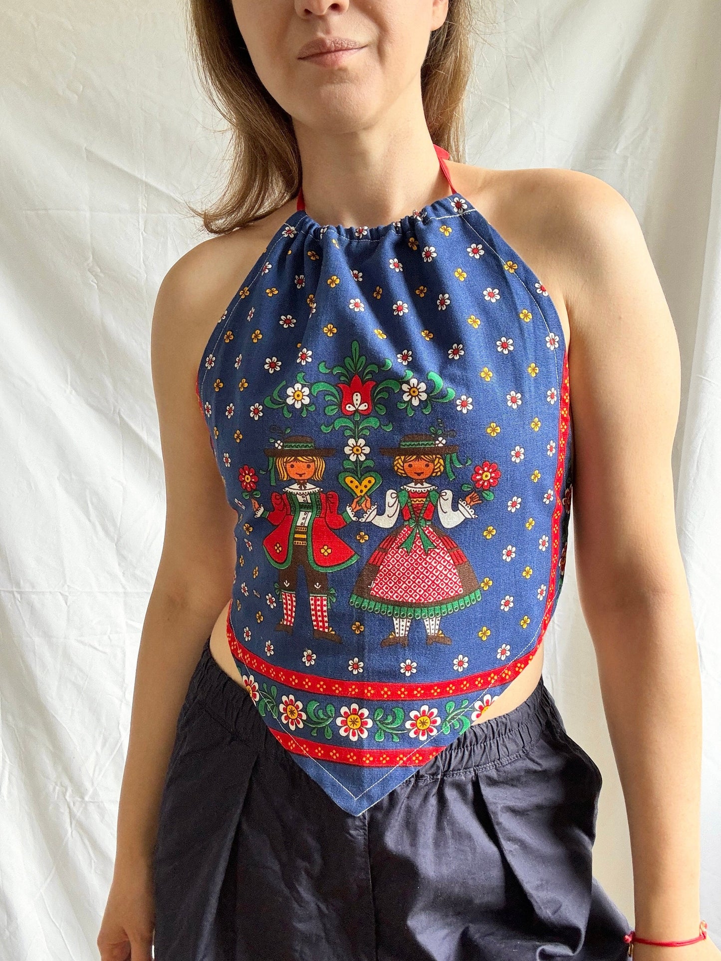 Reworked Medium Tea Towel Top; Trachten Halter Neck Top