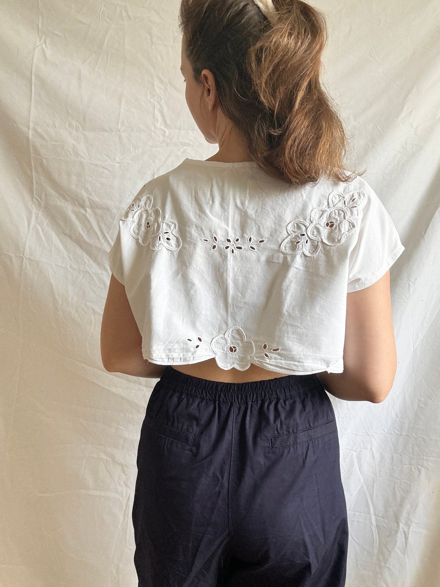 Reworked White Crop Top; Upcyled Embroidered Blouse