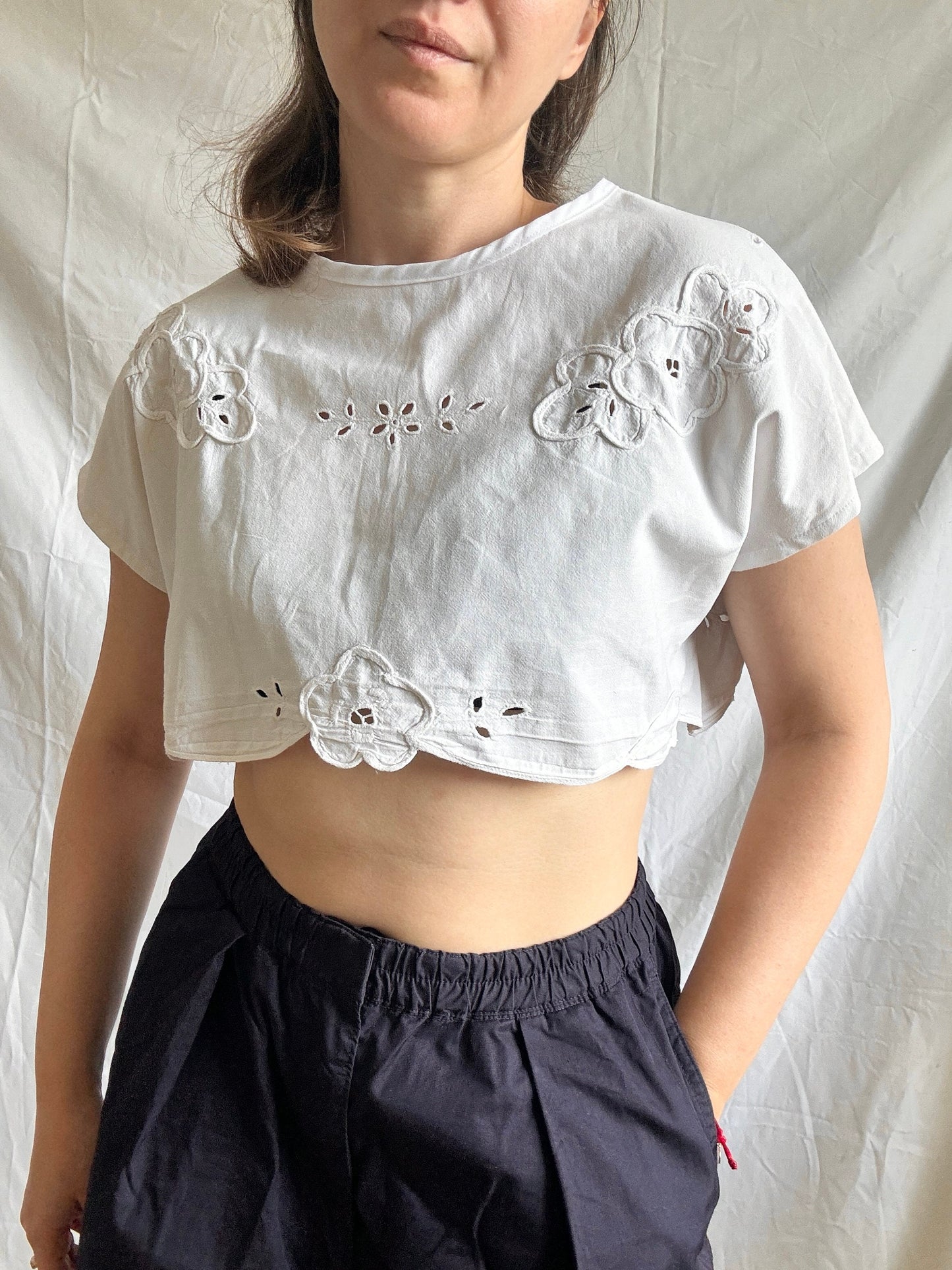 Reworked White Crop Top; Upcyled Embroidered Blouse