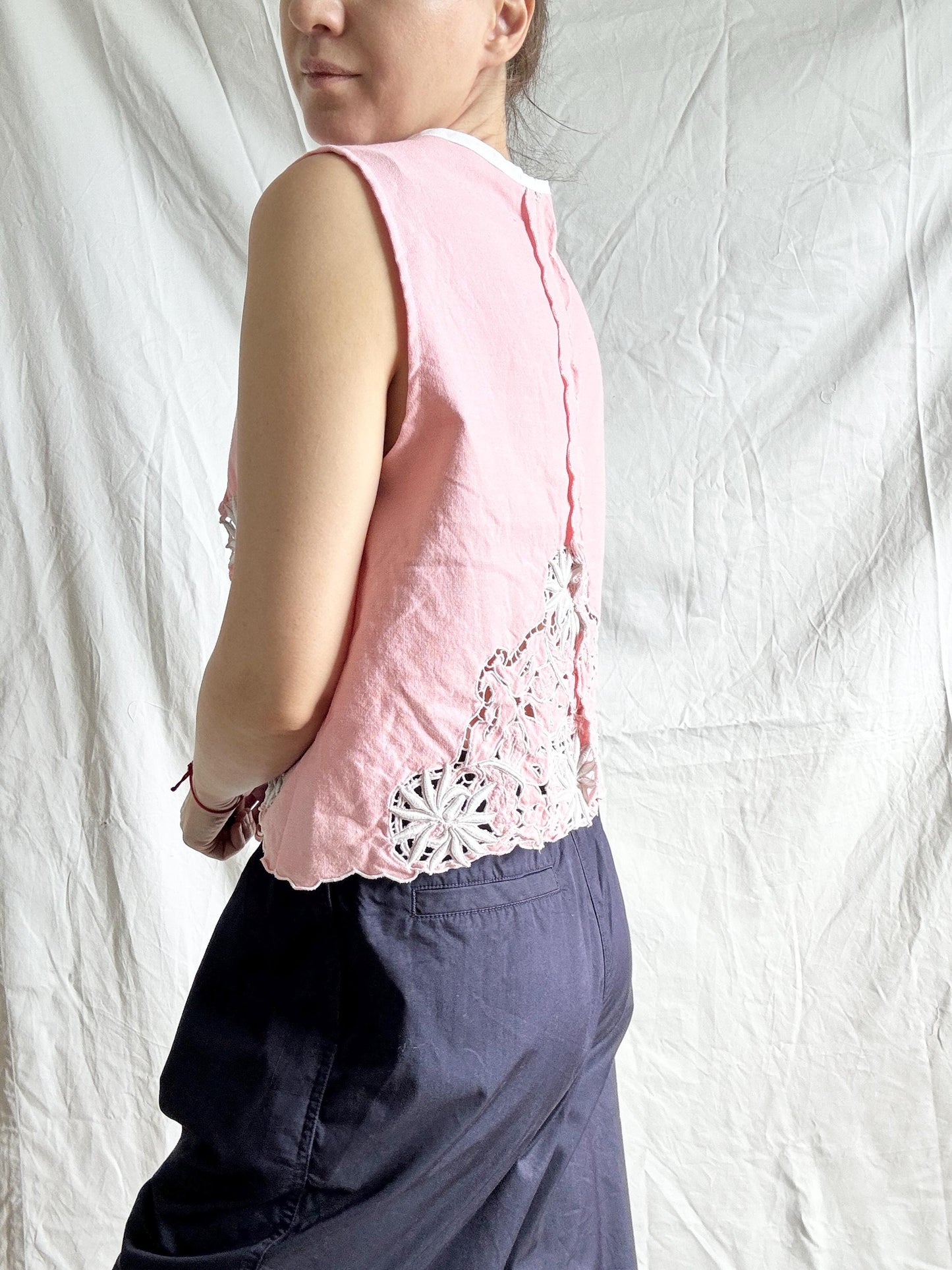 Reworked Embroidered Vest Top; Pink Waistcoat Top