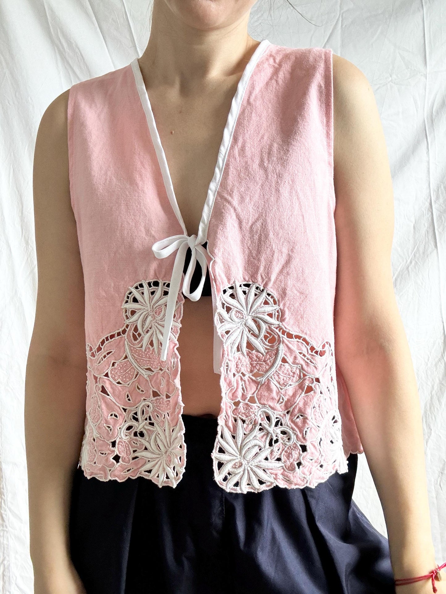 Reworked Embroidered Vest Top; Pink Waistcoat Top