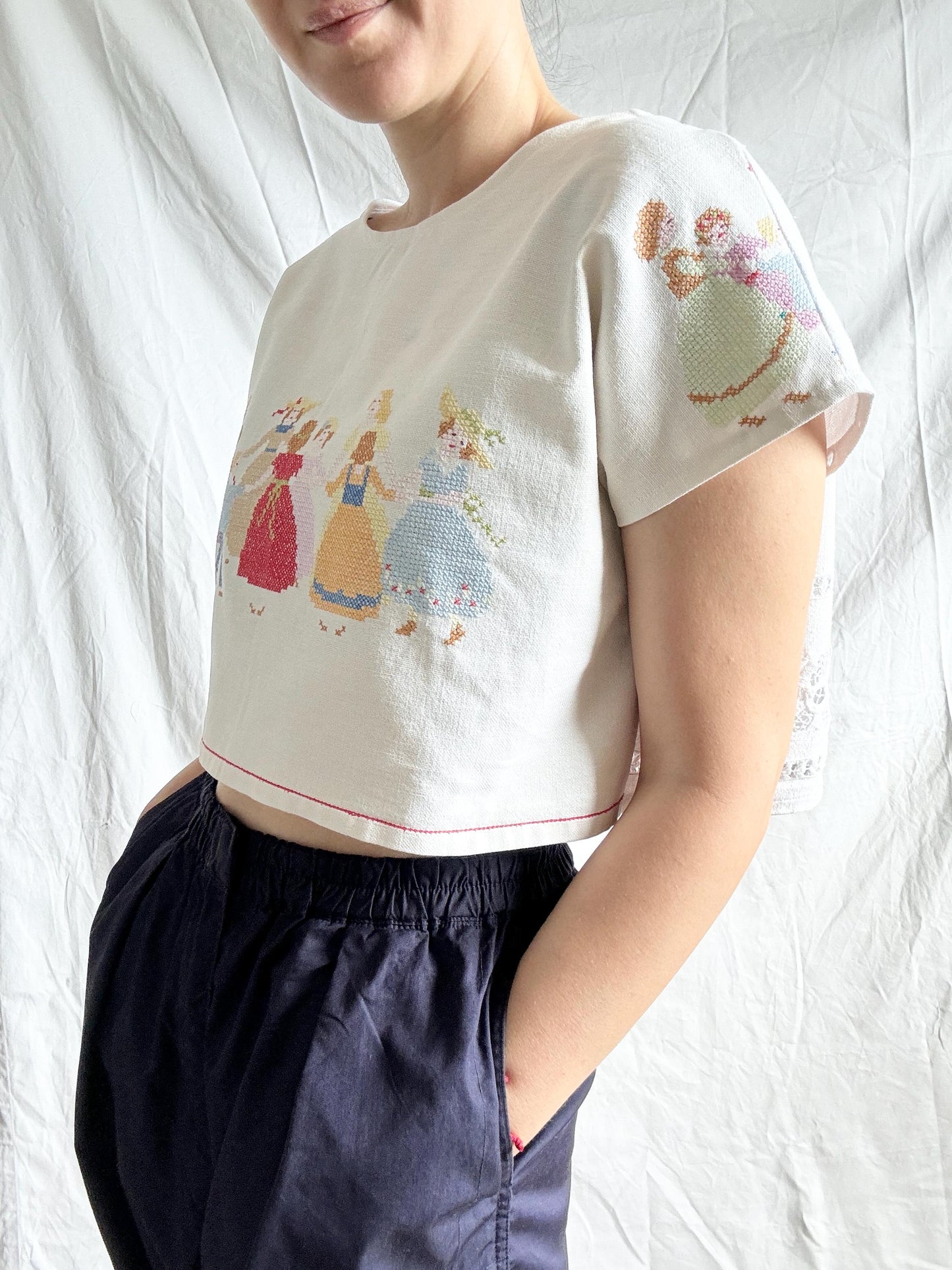 Cross Stitch Crop Top; Reworked Linen Top