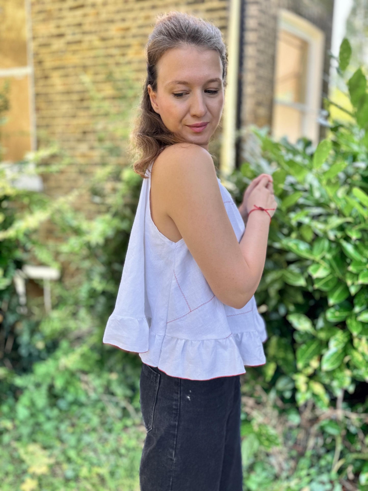 Upcycled Linen Tank with Elegant Halter Neck and Embroidered Accents
