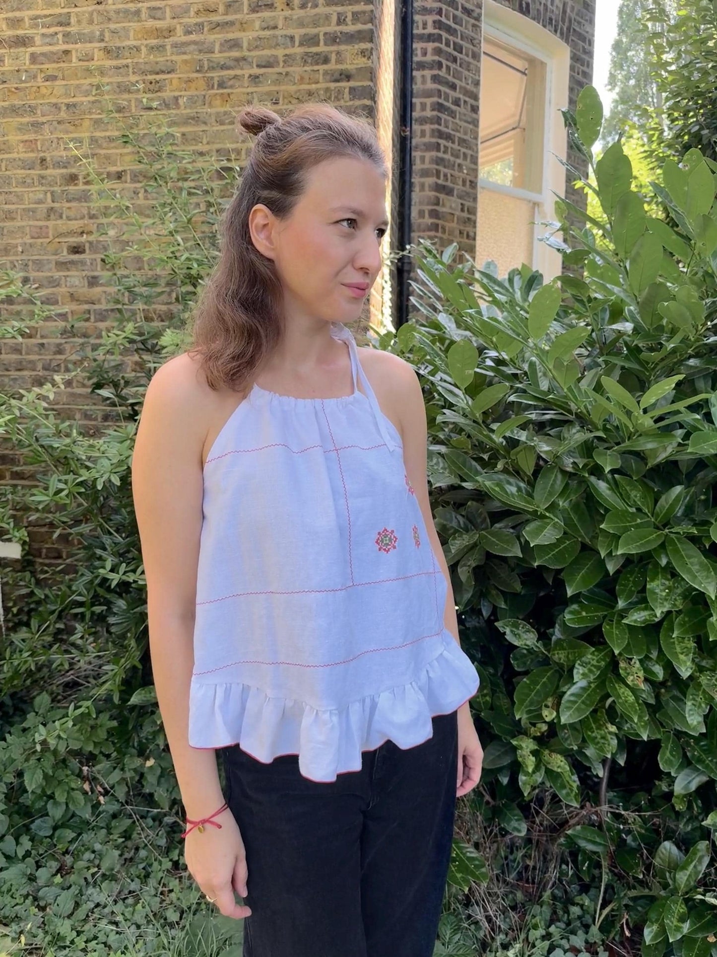 Upcycled Linen Tank with Elegant Halter Neck and Embroidered Accents