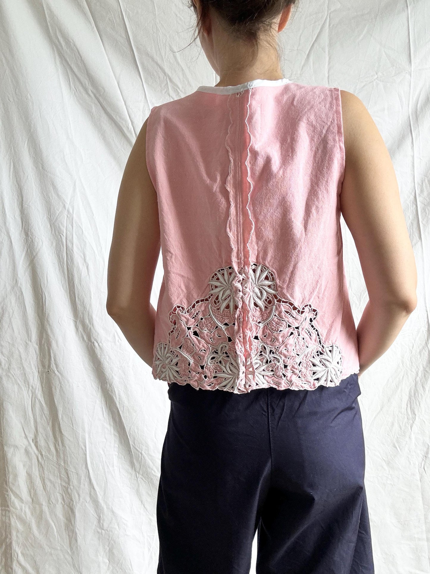 Reworked Embroidered Vest Top; Pink Waistcoat Top