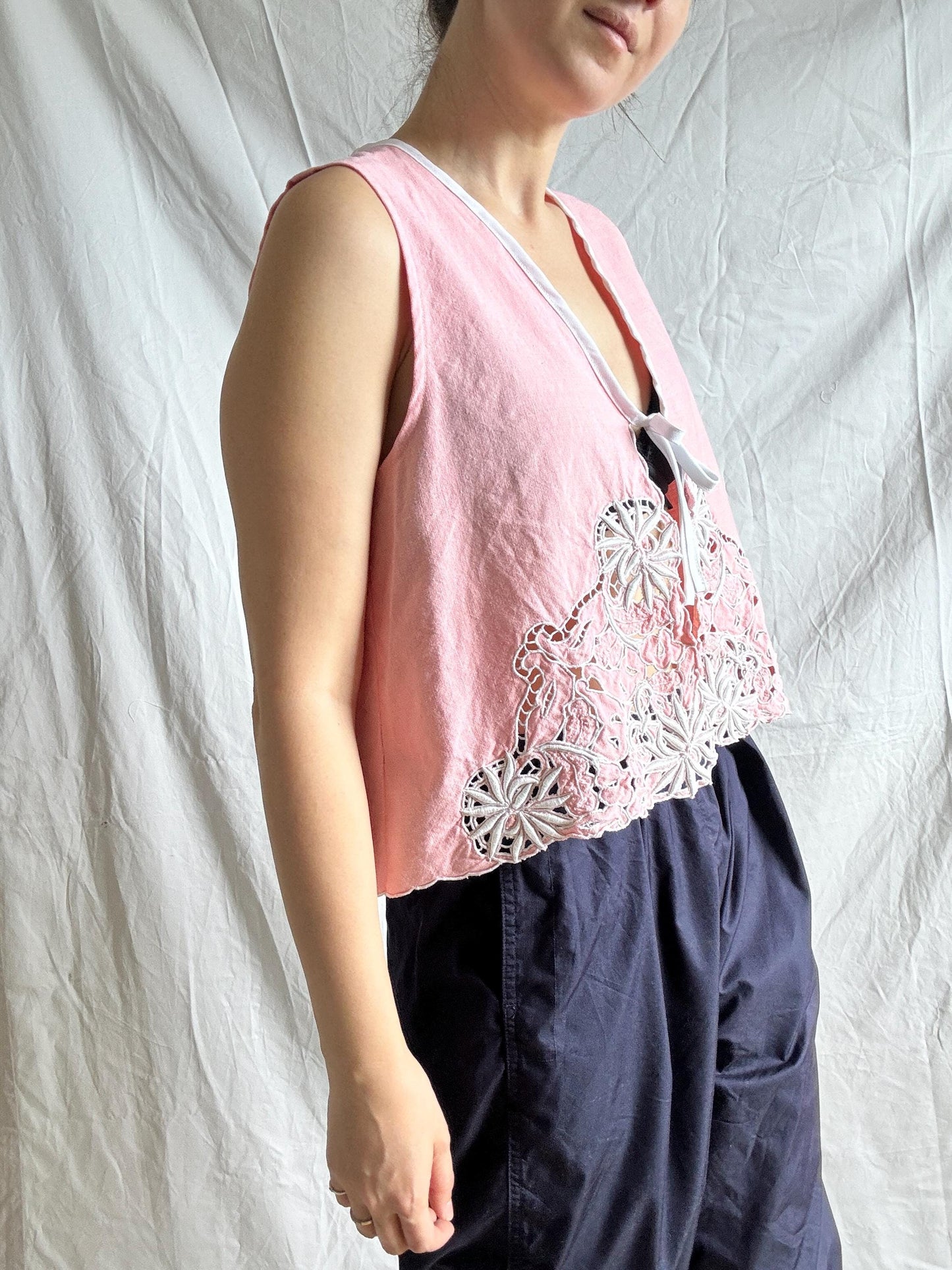 Reworked Embroidered Vest Top; Pink Waistcoat Top