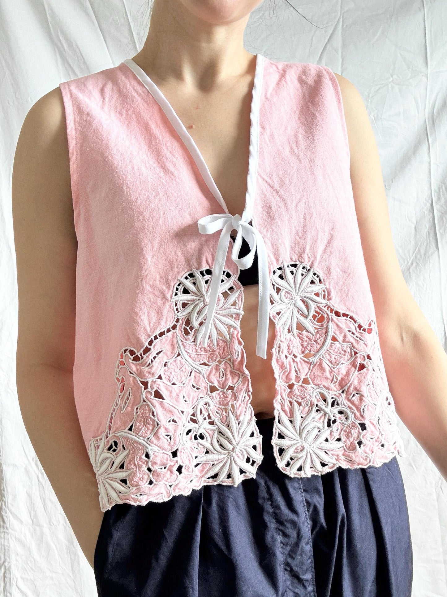Reworked Embroidered Vest Top; Pink Waistcoat Top