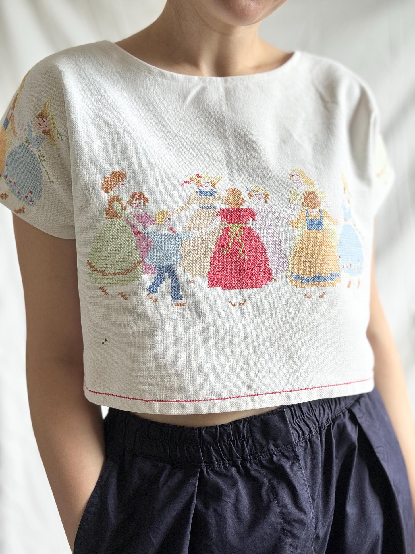 Cross Stitch Crop Top; Reworked Linen Top