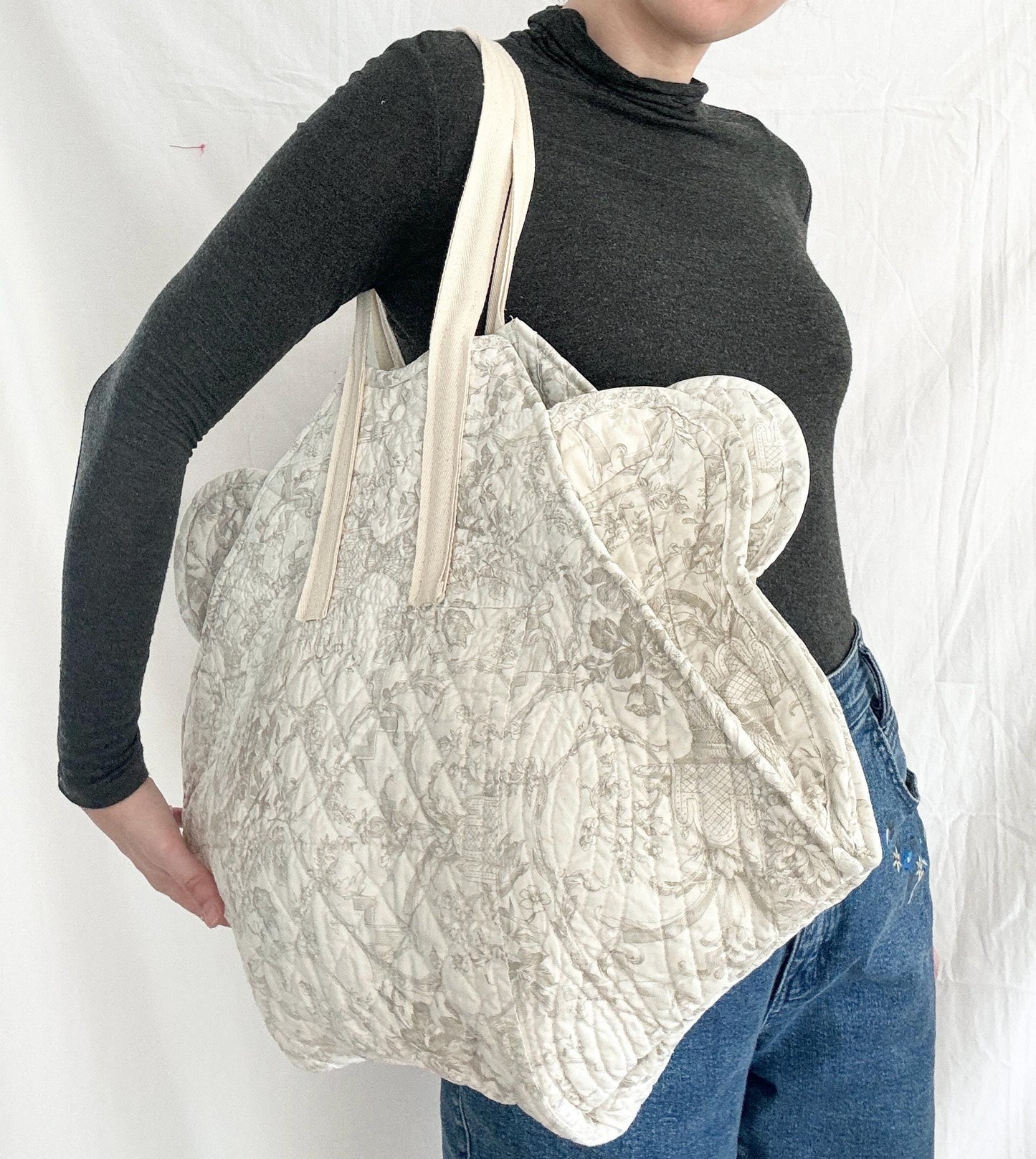 Quilted Beige Bag; Reworked Toile de Jouy Bag
