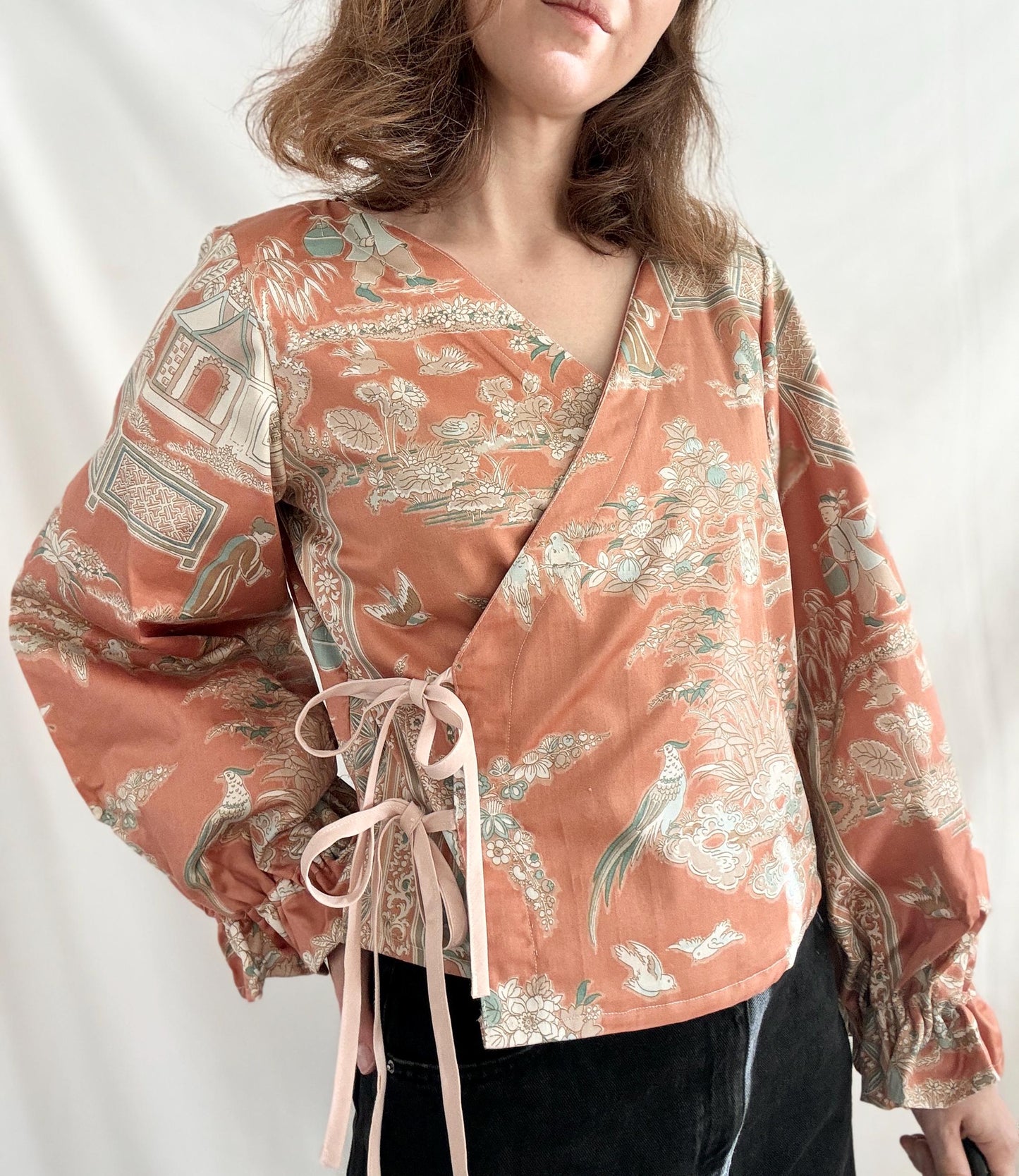 Rework Tie Front Blouse; Asian Print One of A Kind Wrap Top