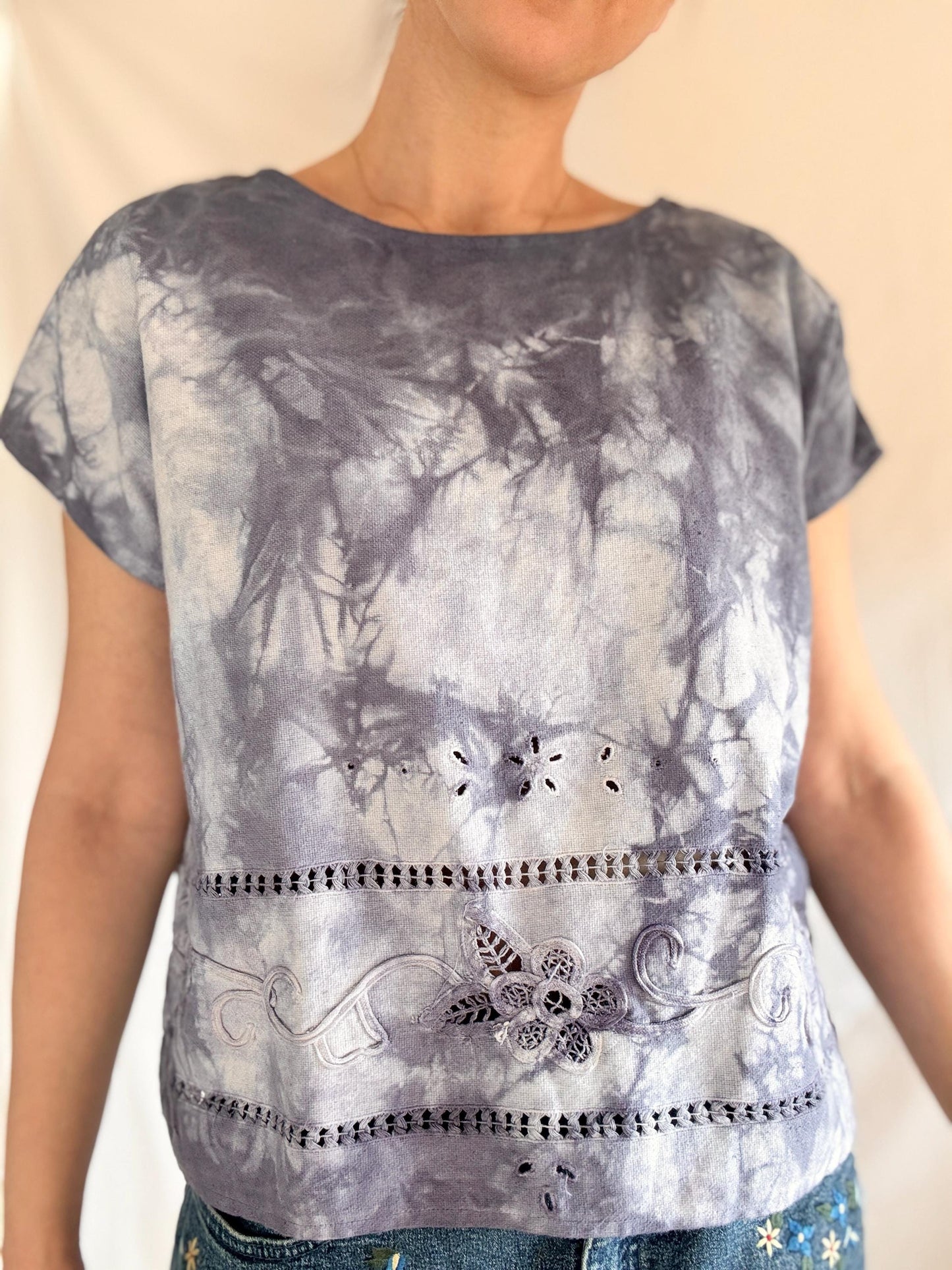 Reworked Tie Dye Top; Upcyled Linen Lace Blouse