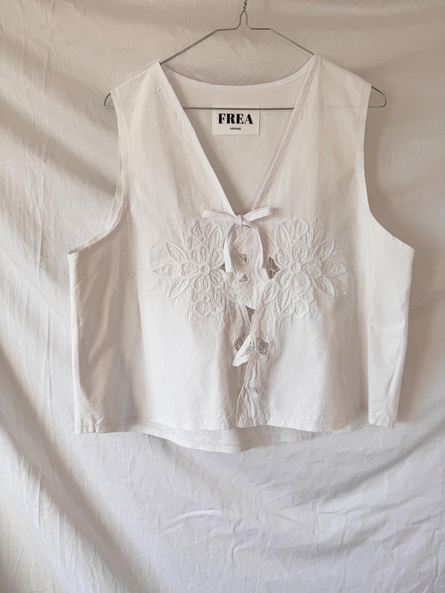 Reworked White Vest Top; Cotton Embroidered Blouse