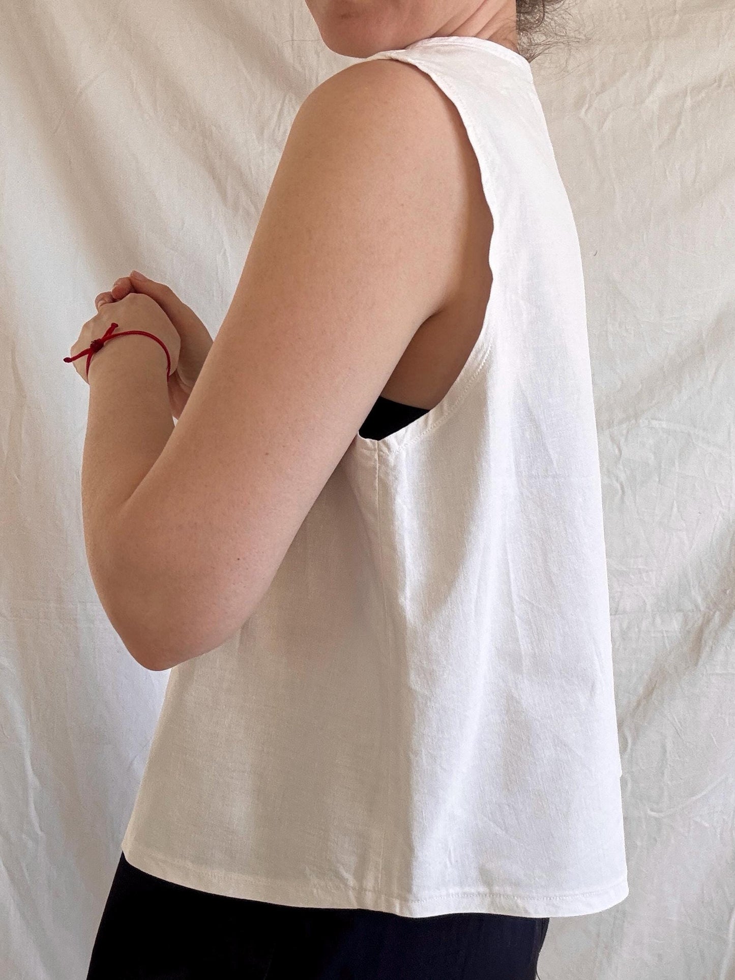 Reworked White Vest Top; Cotton Embroidered Blouse