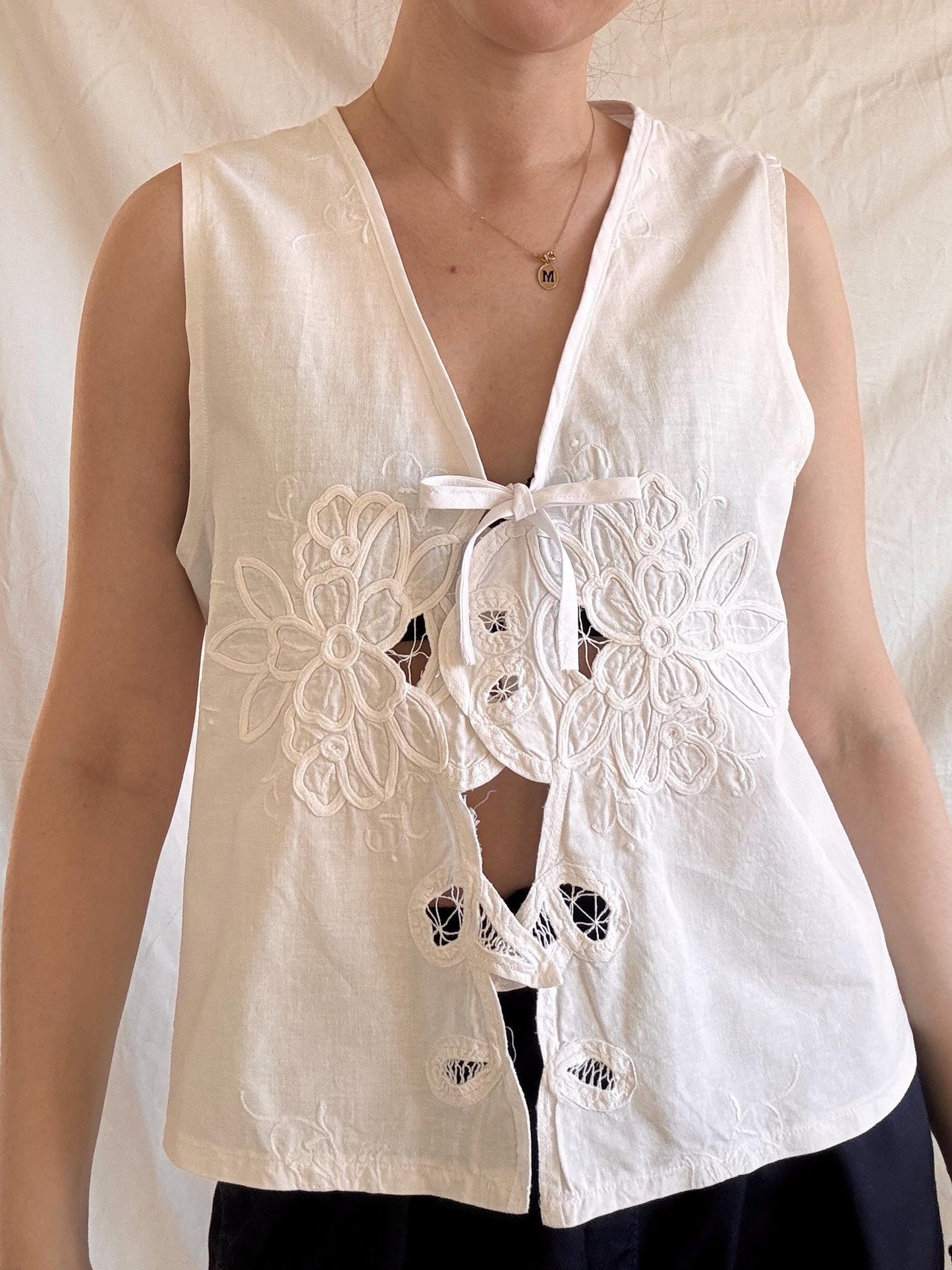 Reworked White Vest Top; Cotton Embroidered Blouse