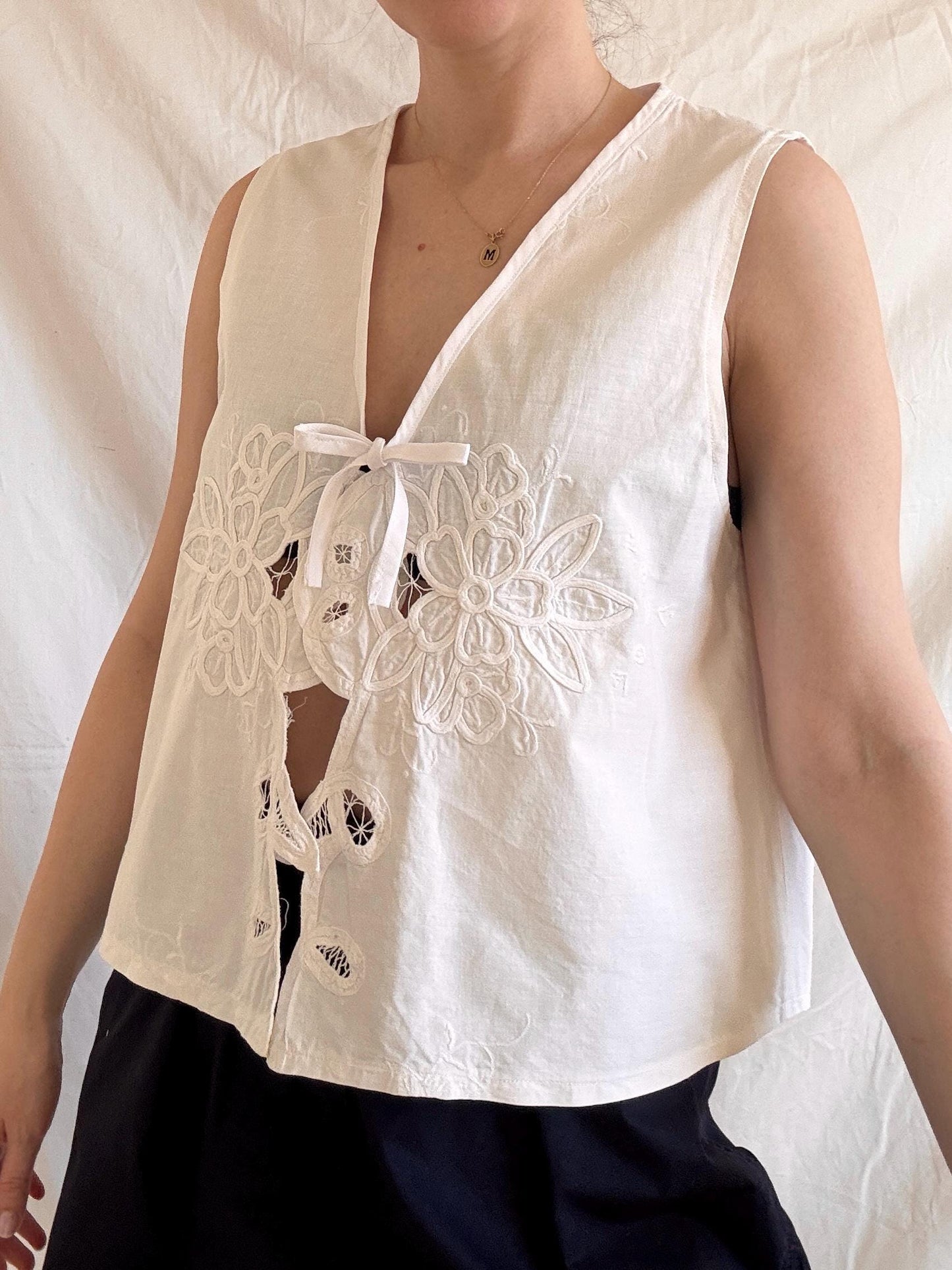 Reworked White Vest Top; Cotton Embroidered Blouse