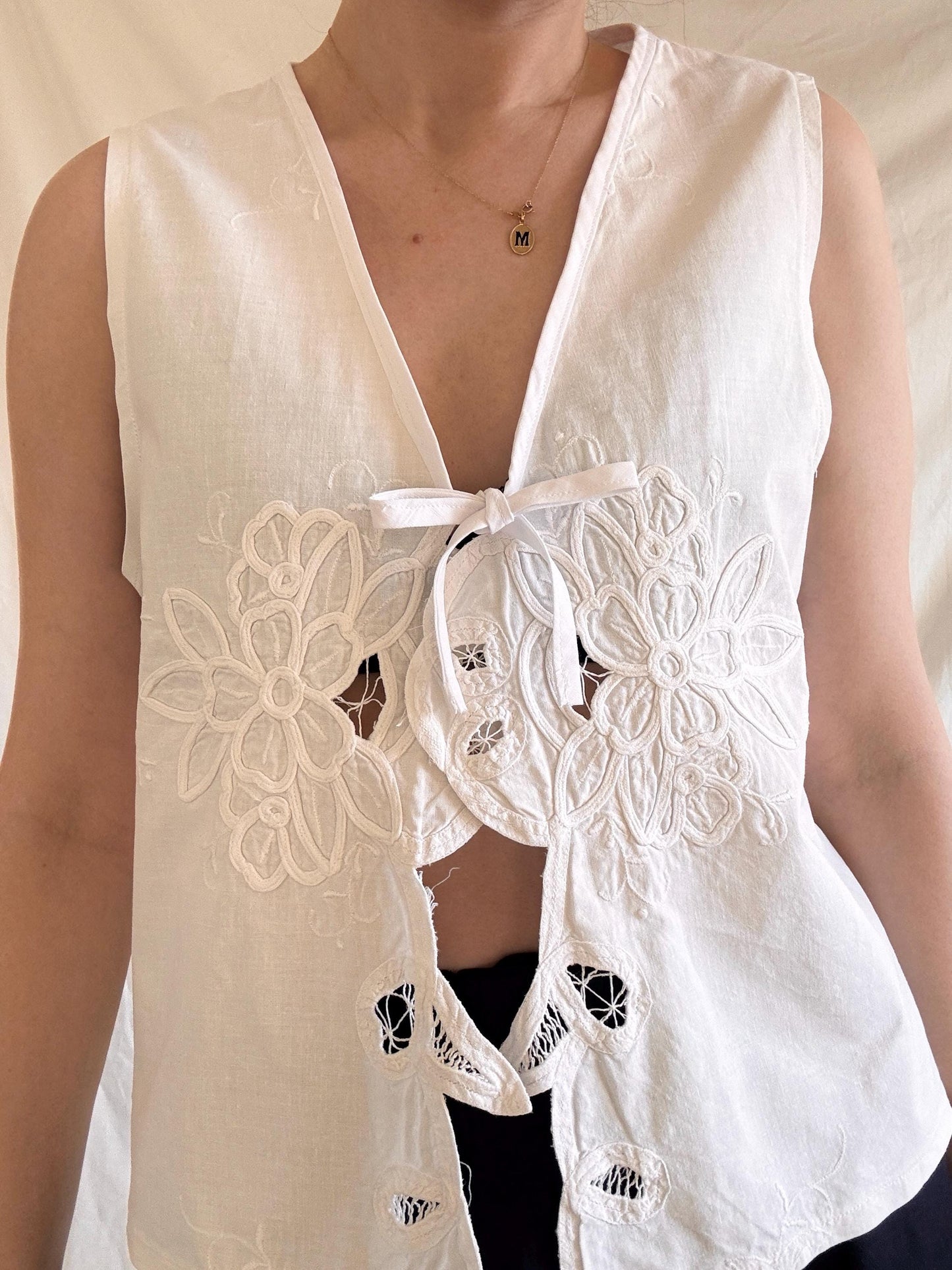 Reworked White Vest Top; Cotton Embroidered Blouse