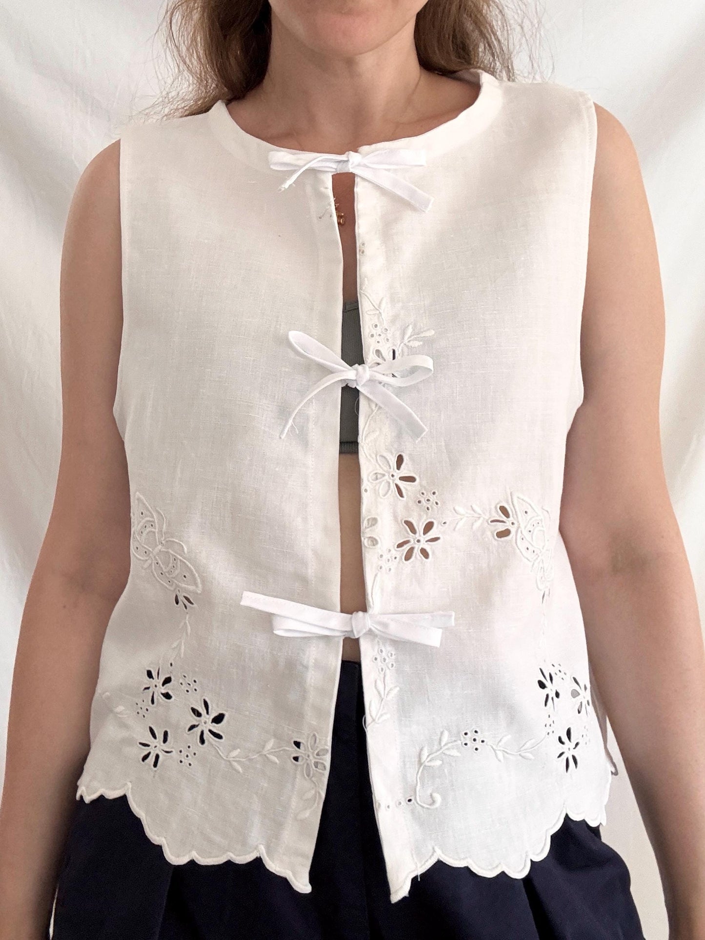 Reworked Cotton Top; Embroidered Tie Vest