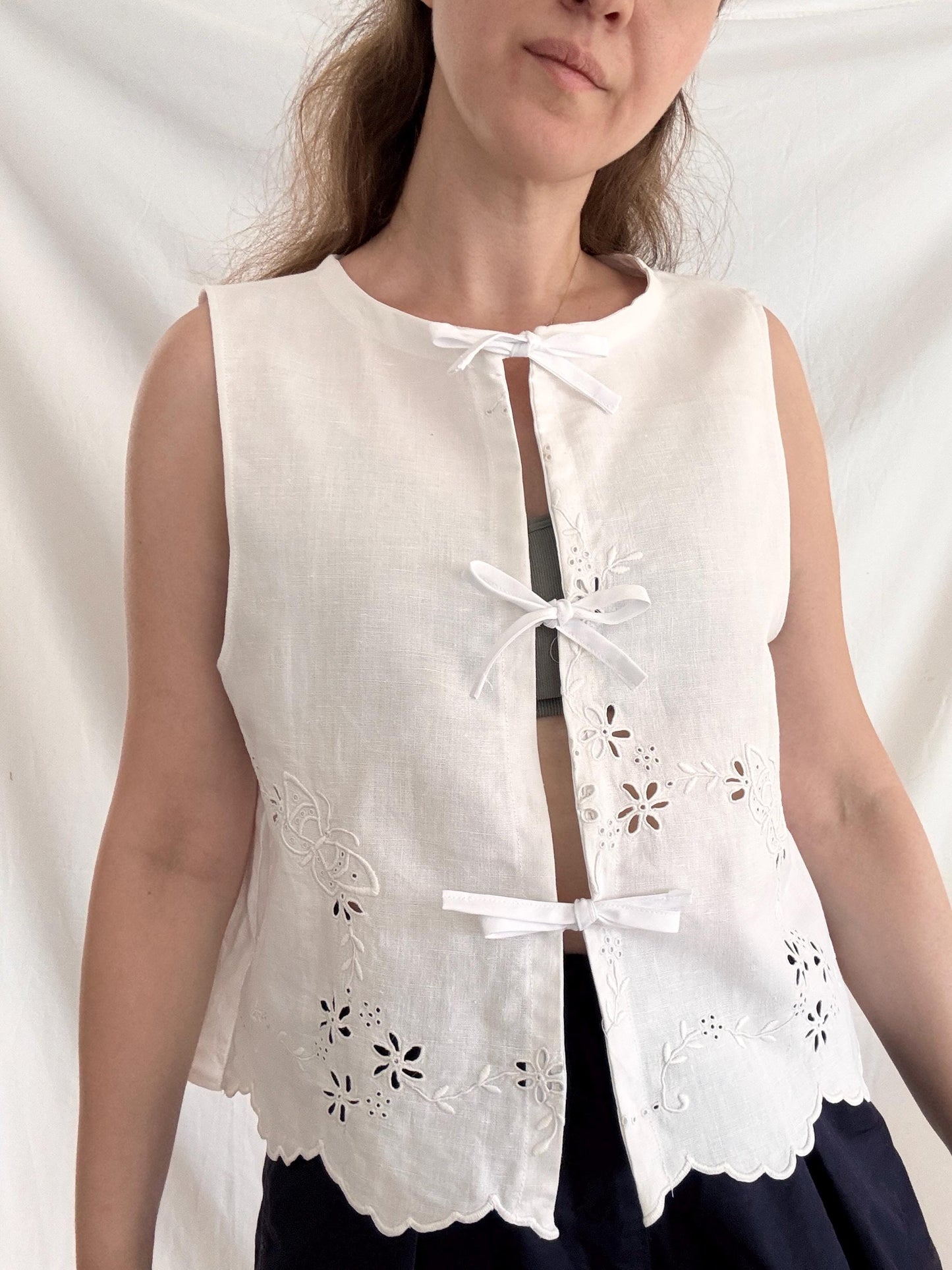 Reworked Cotton Top; Embroidered Tie Vest