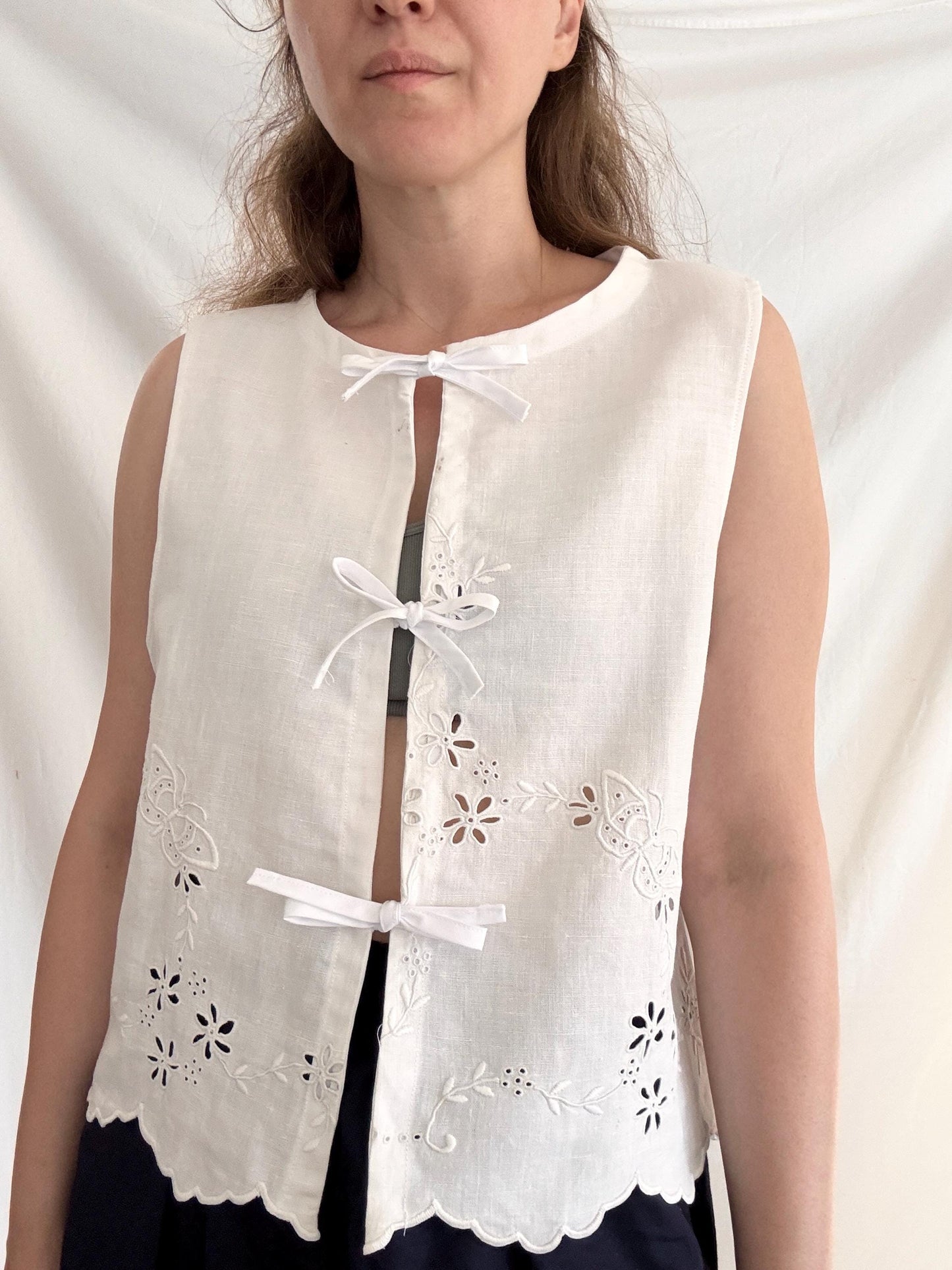 Reworked Cotton Top; Embroidered Tie Vest