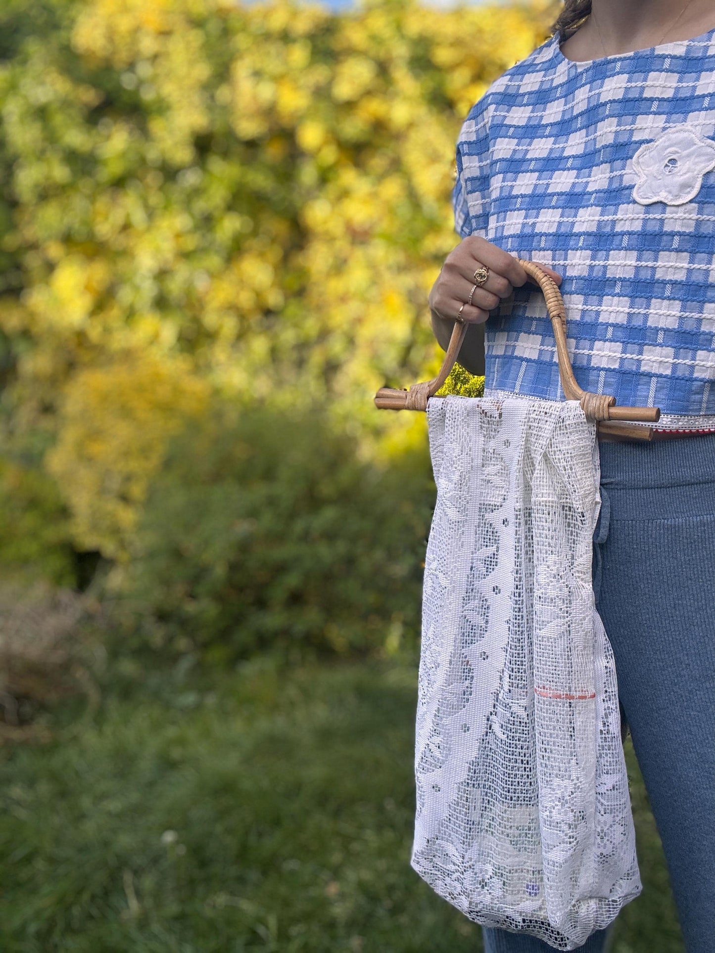 Lace Shopping Bag; Upcycled Handmade Rattan Bag