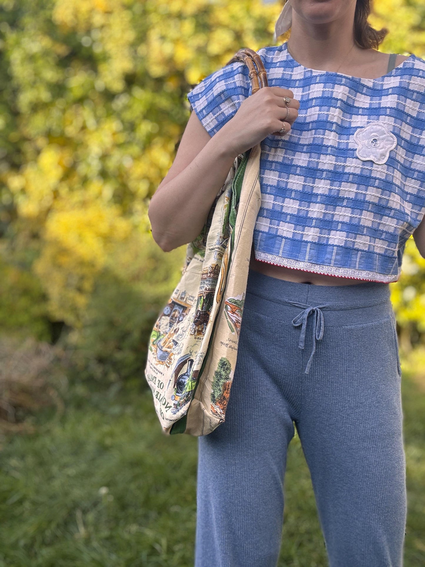 Cotton Shopping Bag; Upcycled Handmade Bamboo Handle Bag