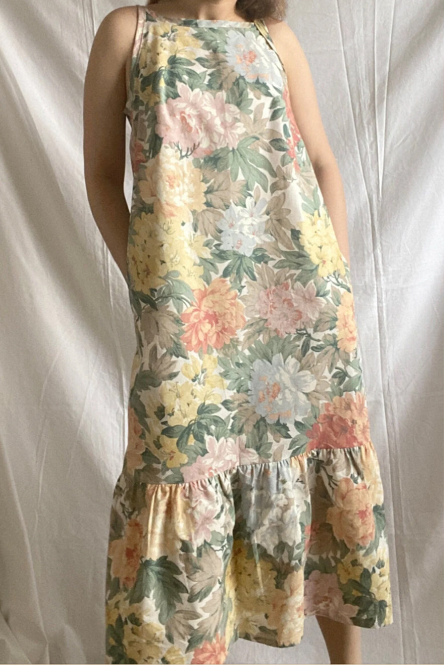 Reworked Floral Ruffle Dress; Upcyled Embroidered Summer Dress