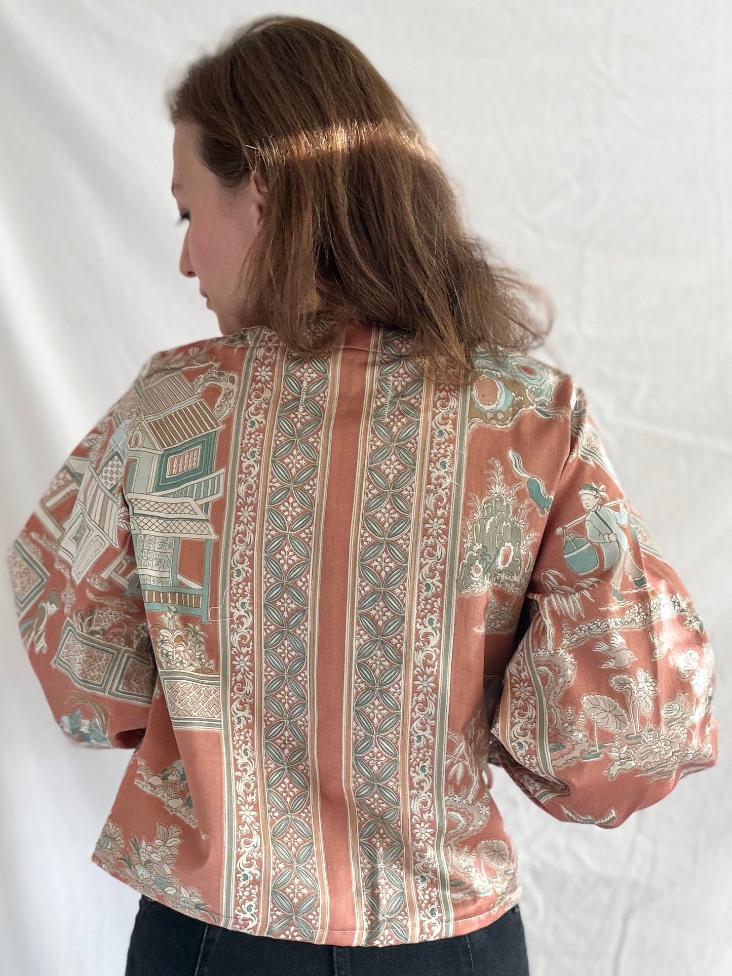 Rework Tie Front Blouse; Asian Print One of A Kind Wrap Top