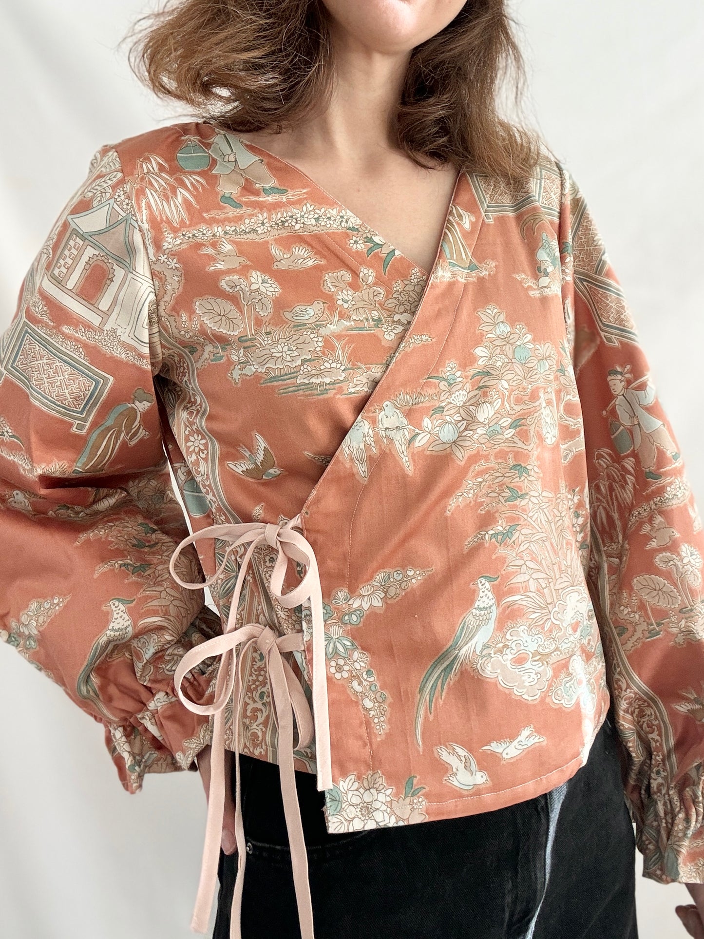 Rework Tie Front Blouse; Asian Print One of A Kind Wrap Top