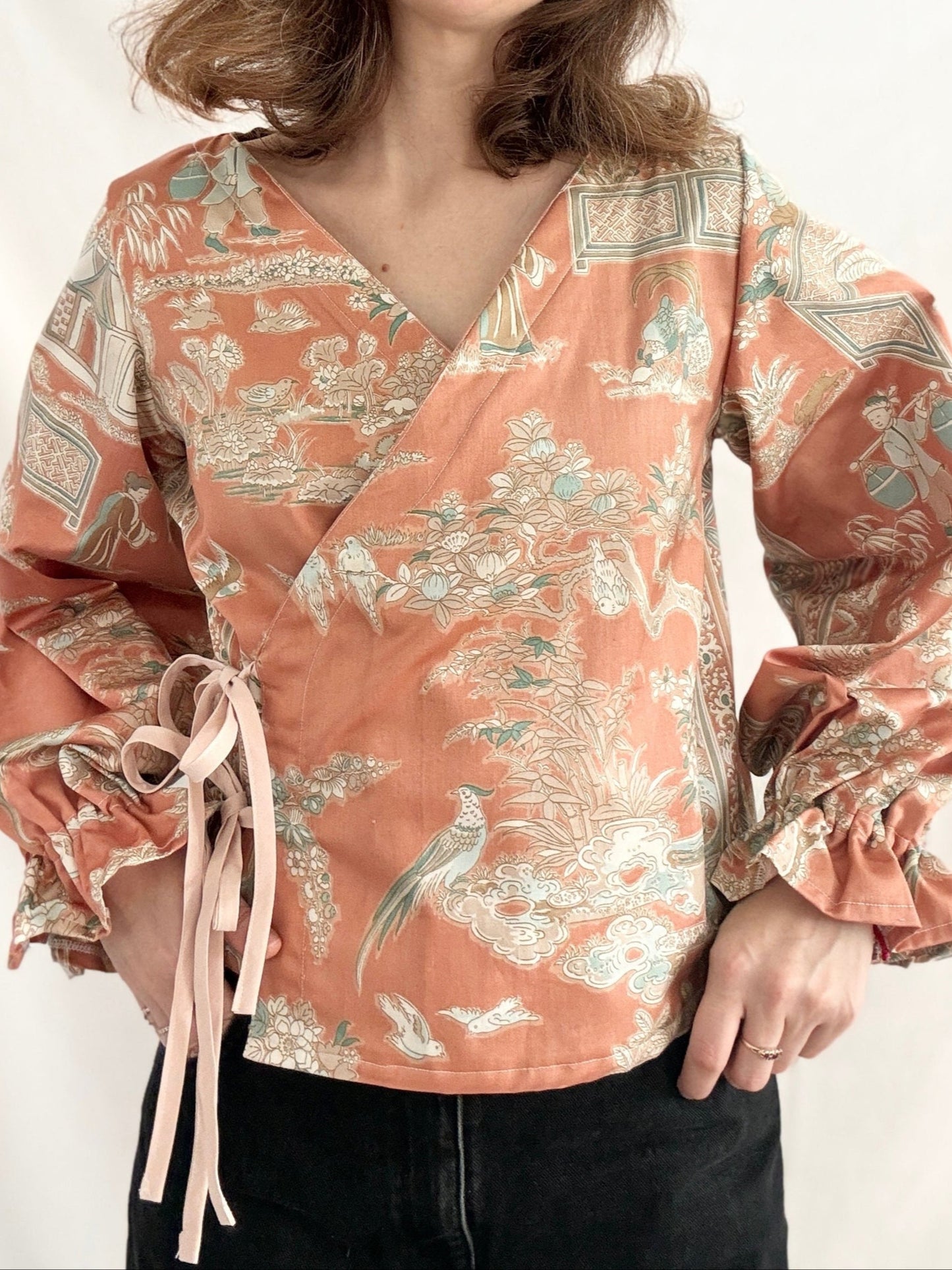 Rework Tie Front Blouse; Asian Print One of A Kind Wrap Top