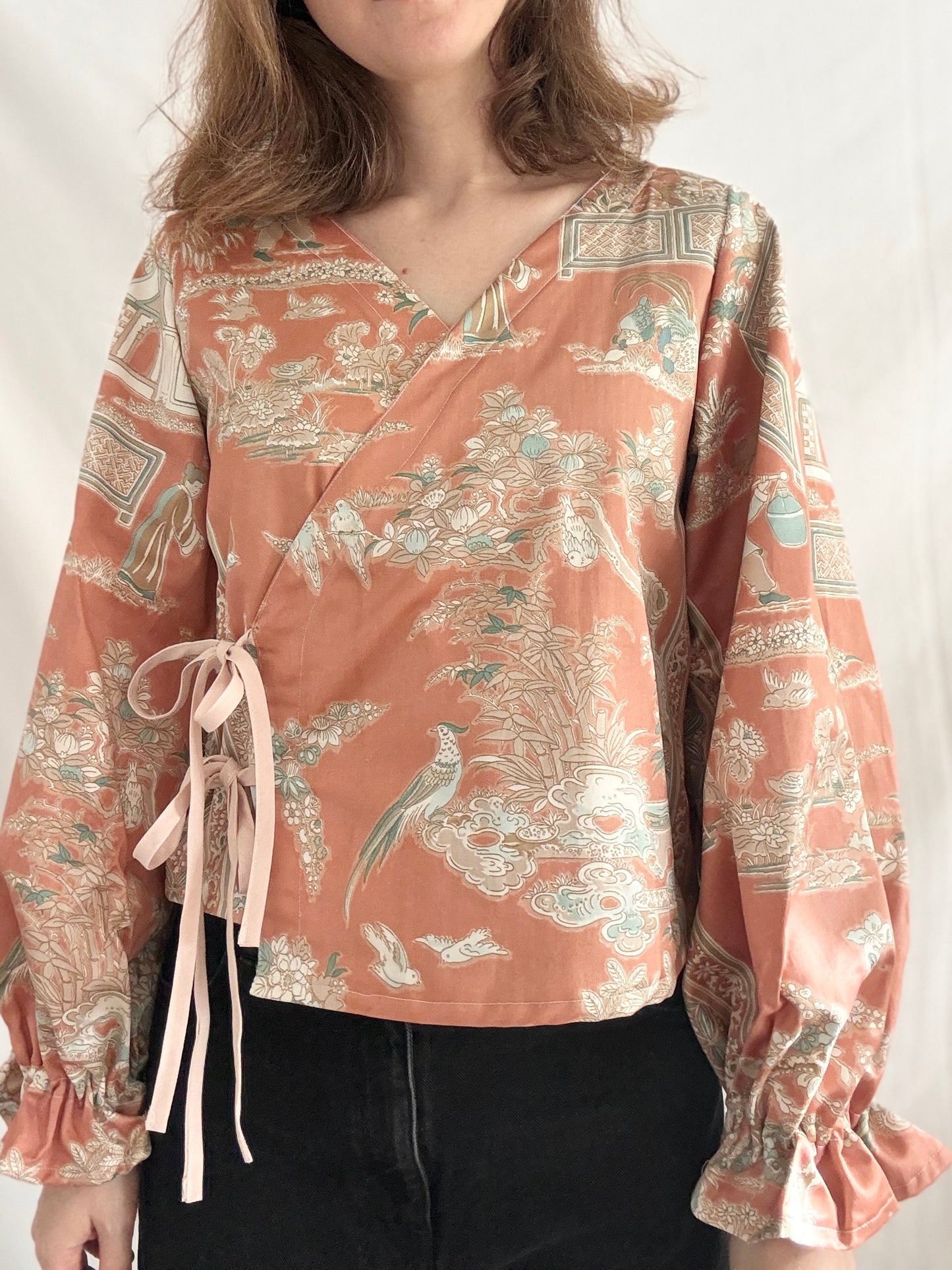 Rework Tie Front Blouse; Asian Print One of A Kind Wrap Top