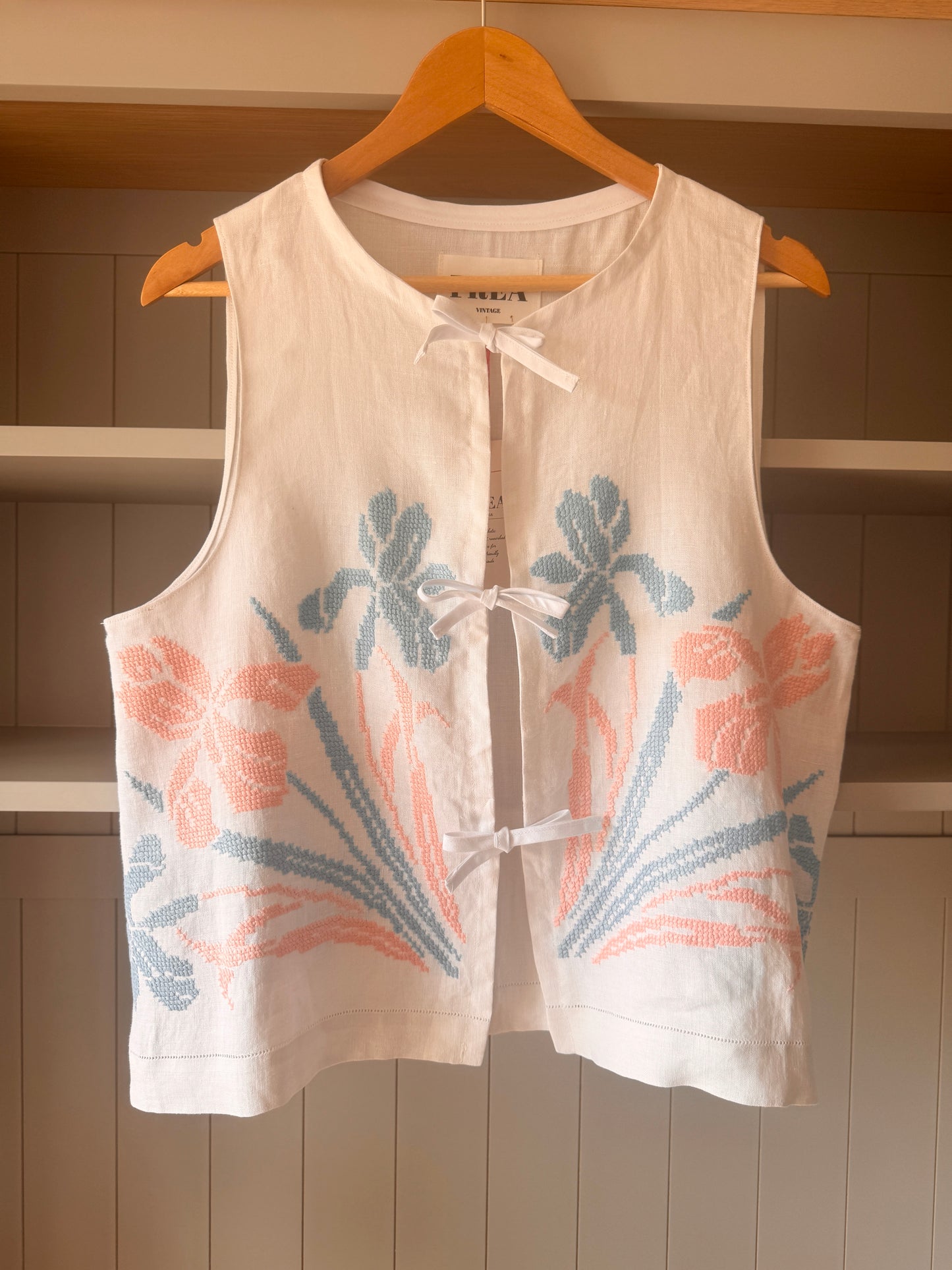 Floral Linen Tie Front Top; Reworked White Top