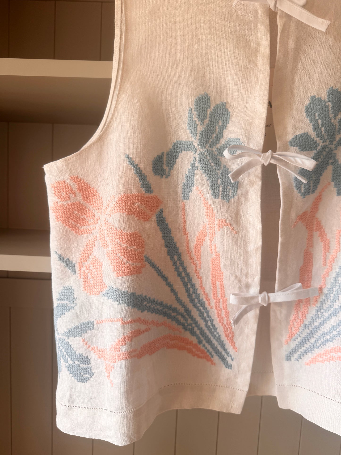 Floral Linen Tie Front Top; Reworked White Top